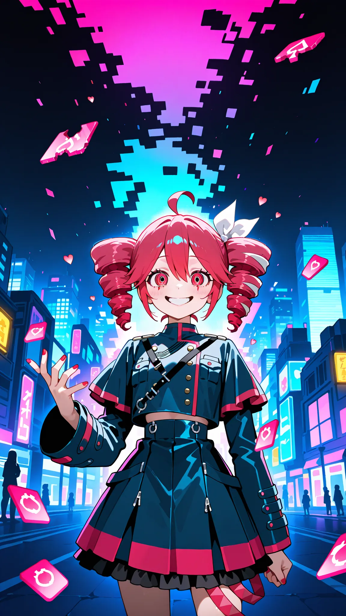 A chaotic and emotional anime-style illustration of a pink-haired virtual girl resembling Kasane Teto, surrounded by glitch effects, broken hearts, She has a twisted smile, wearing a dark gothic outfit with cyberpunk accents. The background is a distorted,...