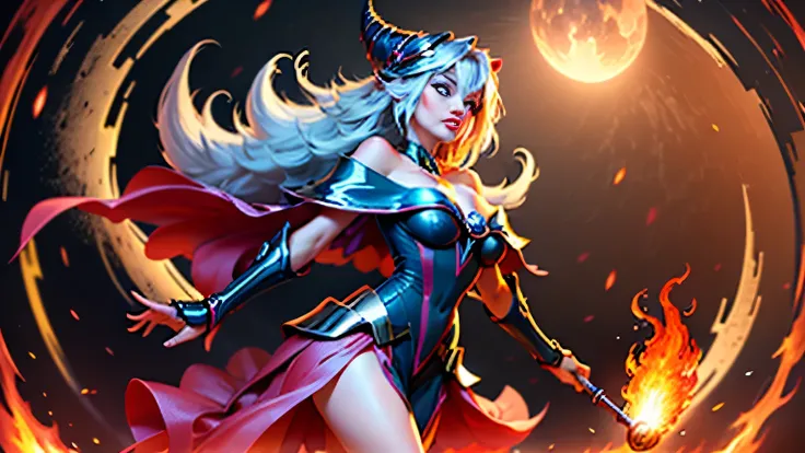 A photorealistic 3D artwork of a stunning fairy with a bright red and silver theme inspired by fiery embers and radiant moons. Dark Magician girls. The fairy's long, flowing hair in molten silver cascades down her back, intricately resembling the delicate ...