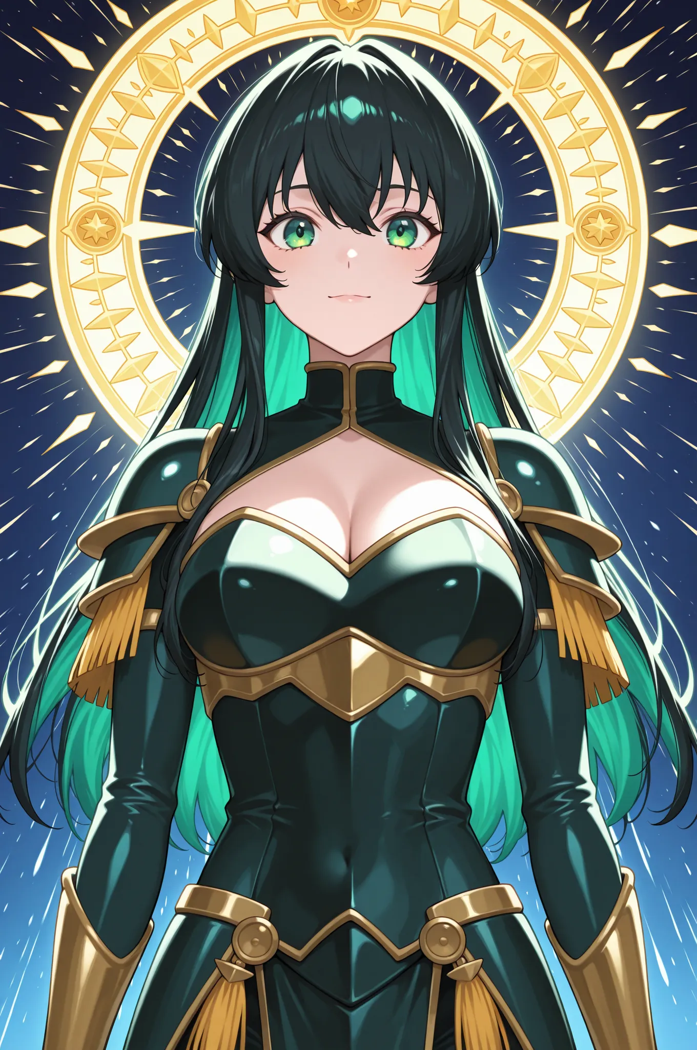 A beautiful anime-style girl, pele branca, bright green eyes, long black hair with fringe at the front, warrior outfit with gold details, seios grandes, coxas grossas, around her has a colorful aura and she is taking a heroic pose extremely detailed image