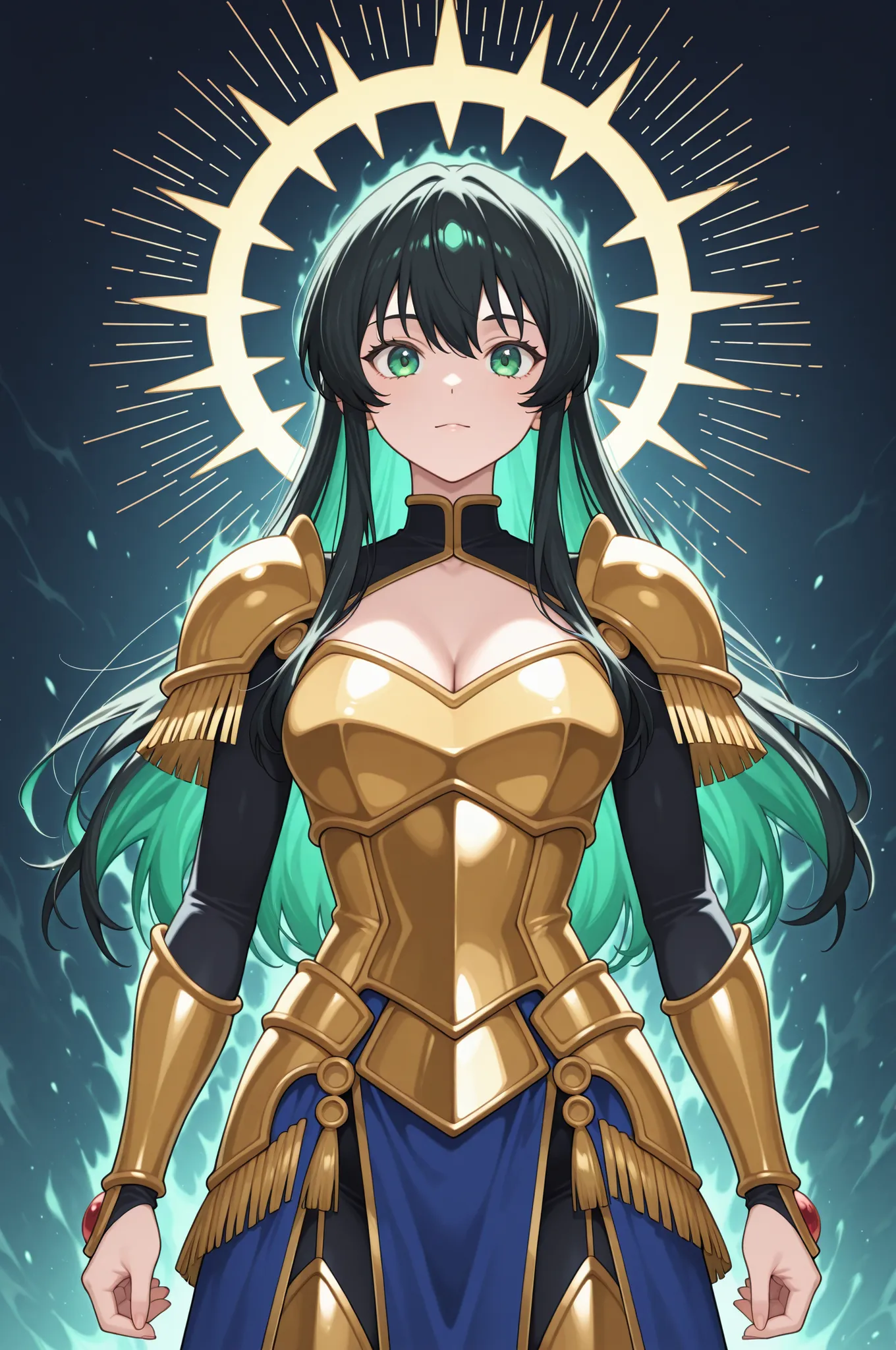 A beautiful anime-style girl, pele branca, bright green eyes, long black hair with fringe at the front, warrior outfit with gold details, seios grandes, coxas grossas, around her has a colorful aura and she is taking a heroic pose extremely detailed image