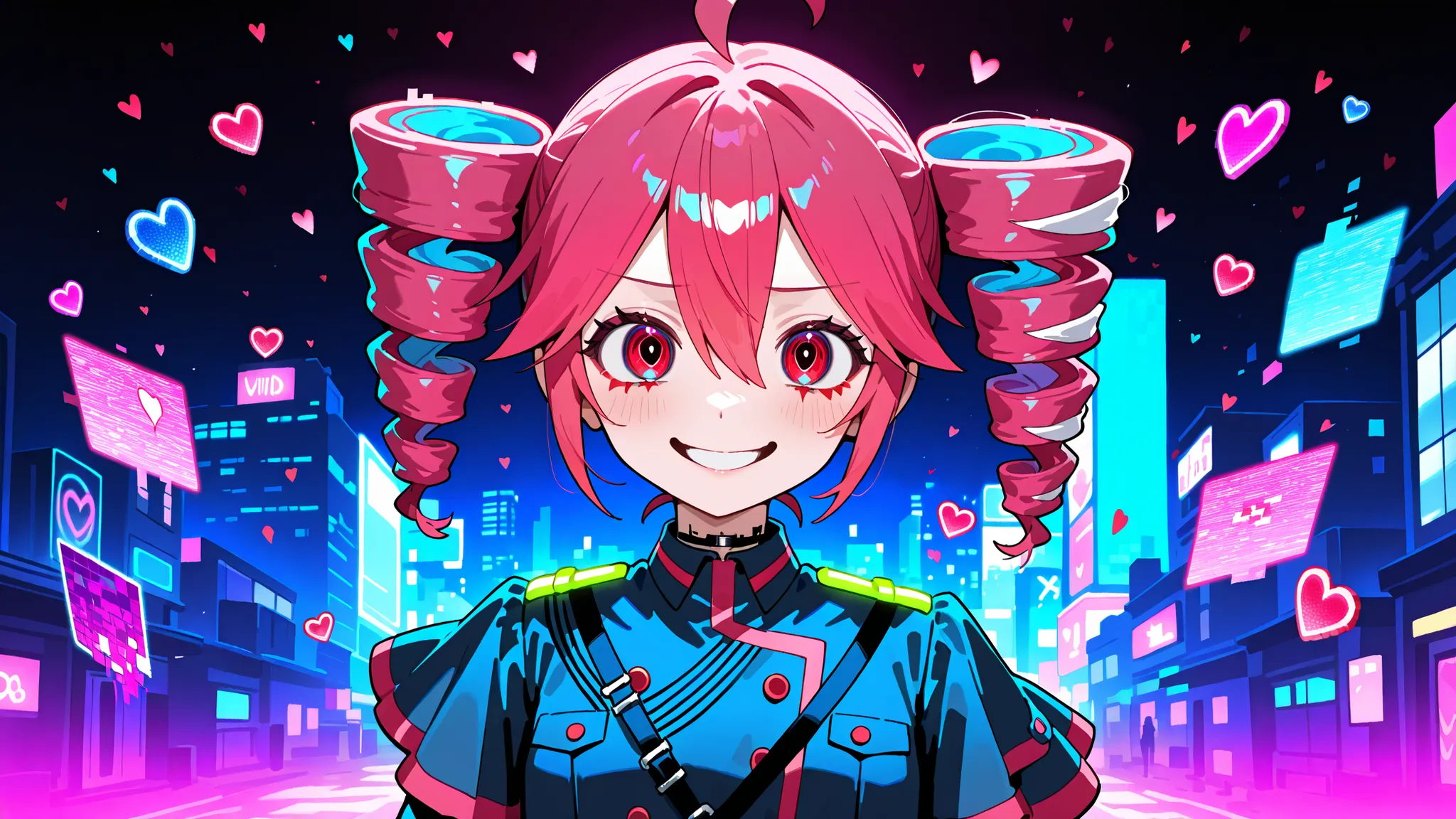 A chaotic and emotional anime-style illustration of a pink-haired virtual girl resembling Kasane Teto, surrounded by glitch effects, broken hearts, She has a twisted smile, wearing a dark gothic outfit with cyberpunk accents. The background is a distorted,...