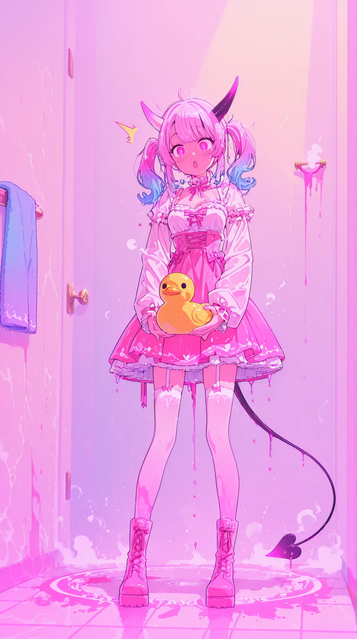 a tiny imp-like devil girl materializing from a summoning circle drawn on the bathroom tiles, surprised expression, steam swirling around her, holding a rubber duck with curiosity, dripping wet hair, mismatched horns and tail, humorous and chaotic composit...