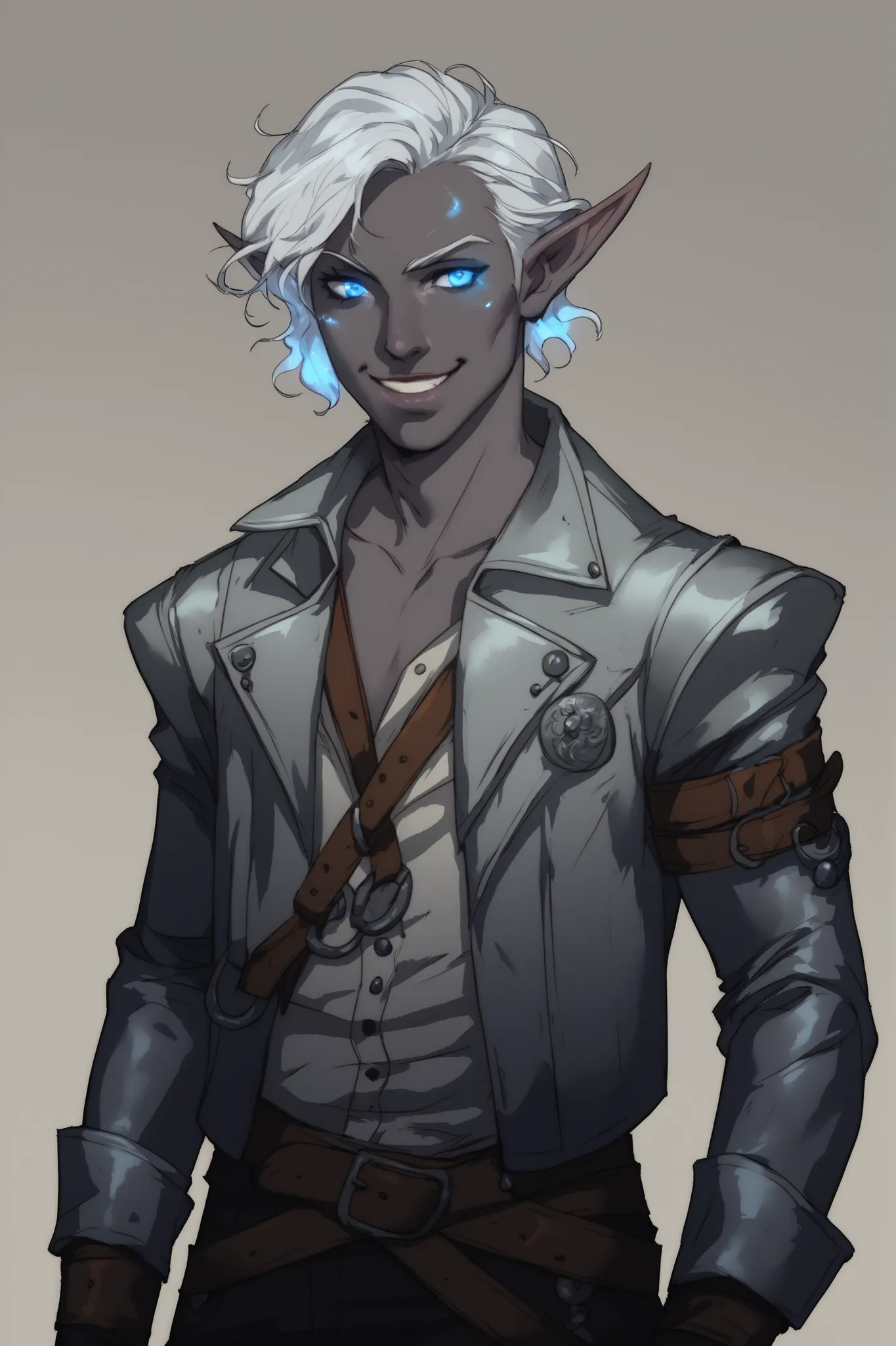 a DnD character portait of a male drow, dark grey skin tone, slender, skinny, in his early 20s, drow, dark elf, messy white hair, easy smile, (silver leather jacket with glowing runes), simple background, Belts, medieval style clothes, blue eyes