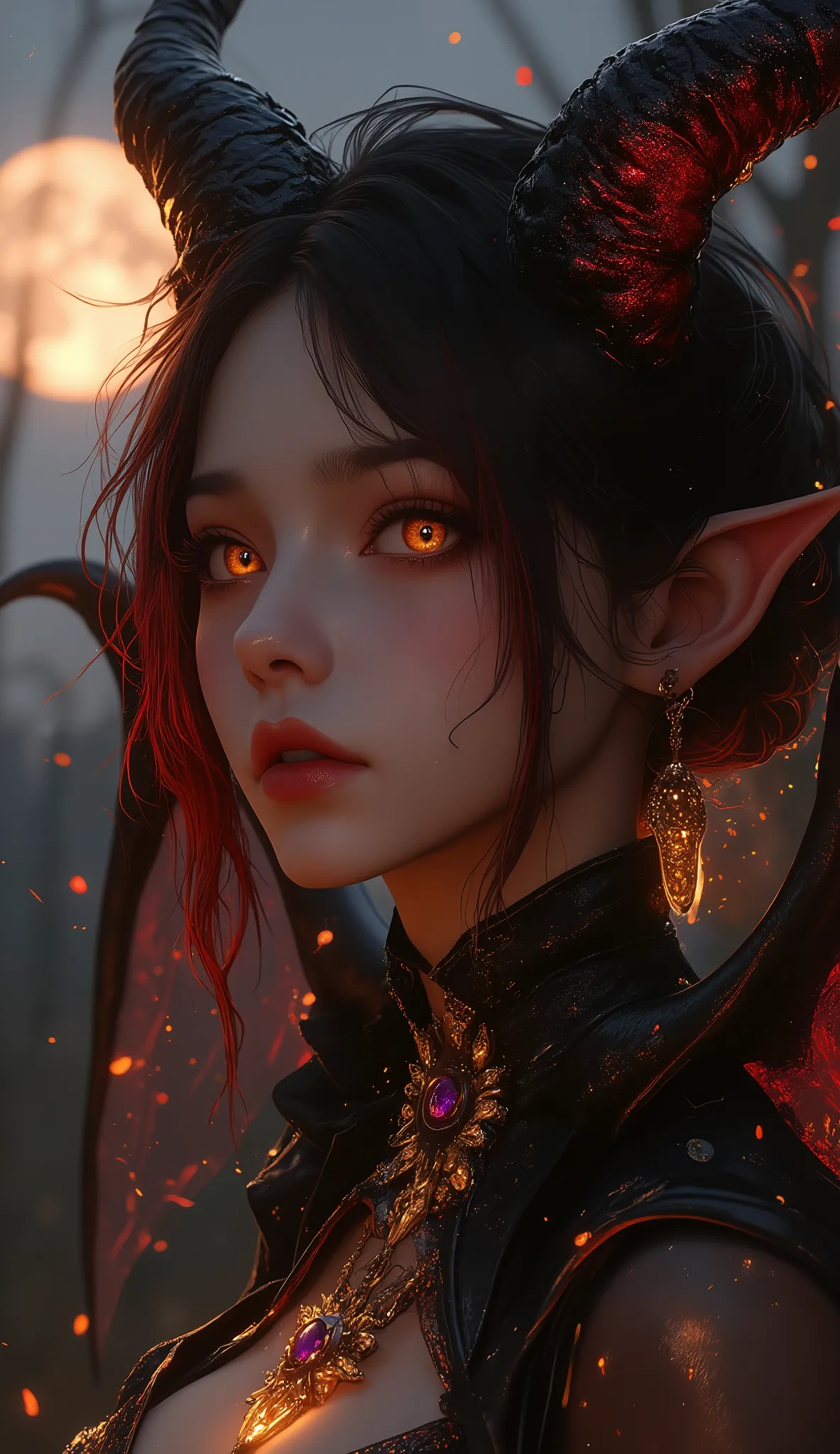 "A highly detailed, realistic portrait of a young woman with striking features, inspired by a demon girl aesthetic. She has bright, glowing amber eyes with intricate irises and defined pupils. Her skin is smooth and natural, with subtle textures. Her hair ...