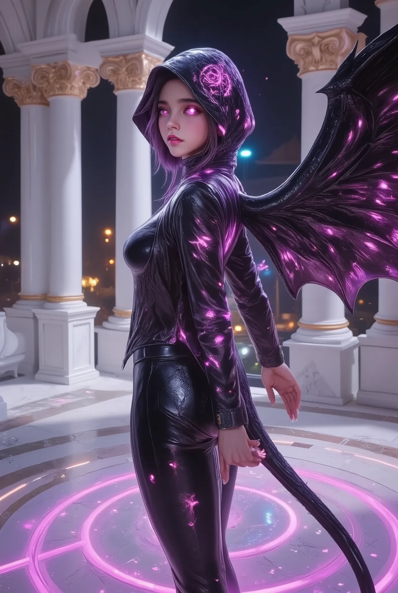 luminous pink-eyed demon girl, smoky cracked black leather, dark hoodie full of occult symbols, standing in the middle of a clean white altar room in barbarian style Oroque, marble pillars and gold ornaments surround, black devil wings dramatically spread,...