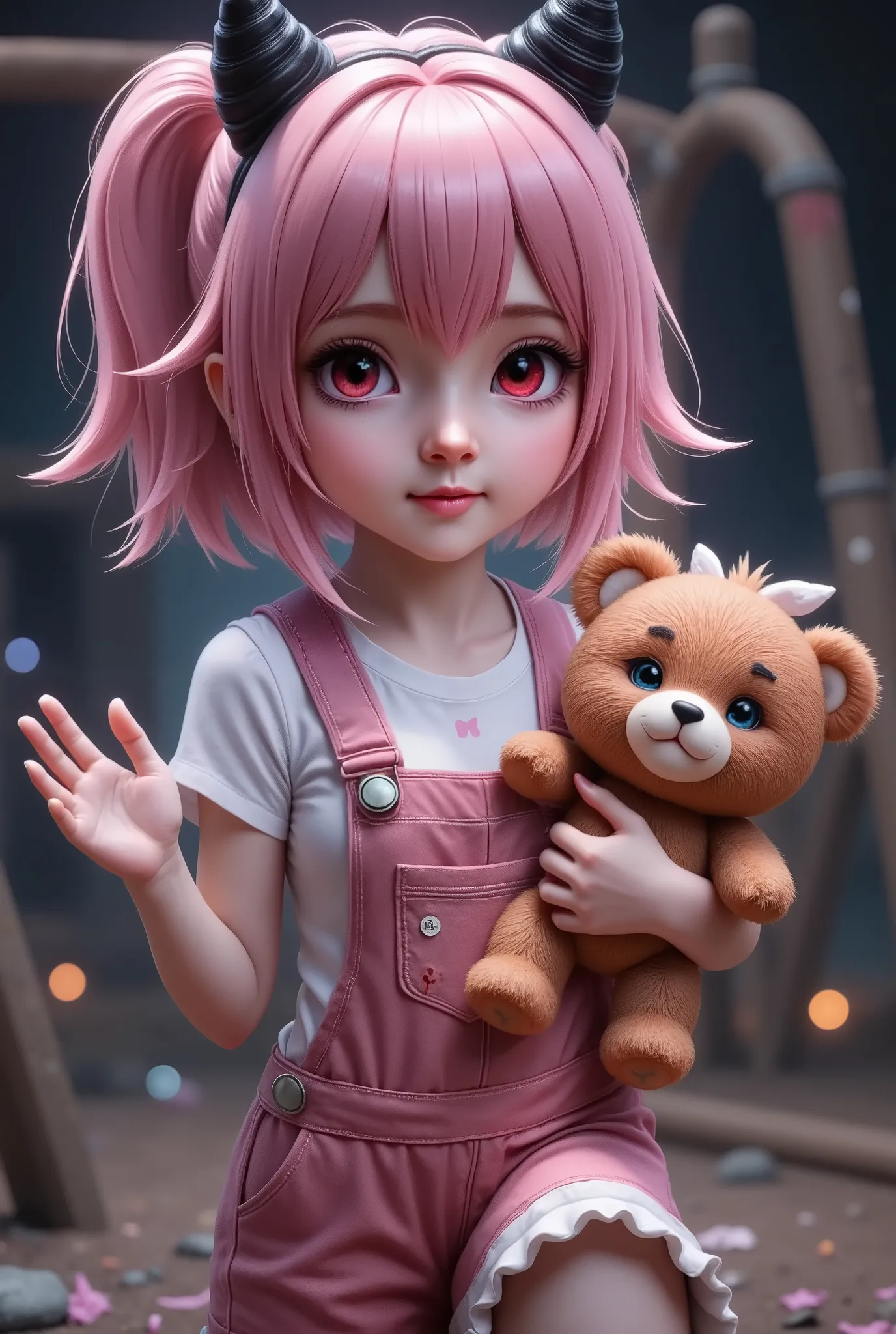 adorable-looking chibi demon, big round eyes in blood red, small black spiral horns, chubby cheeks with a too-wide smile revealing sharp teeth, wearing pink overalls with blood spots, carrying a worn teddy bear doll with terrible stitching, ruined and fogg...