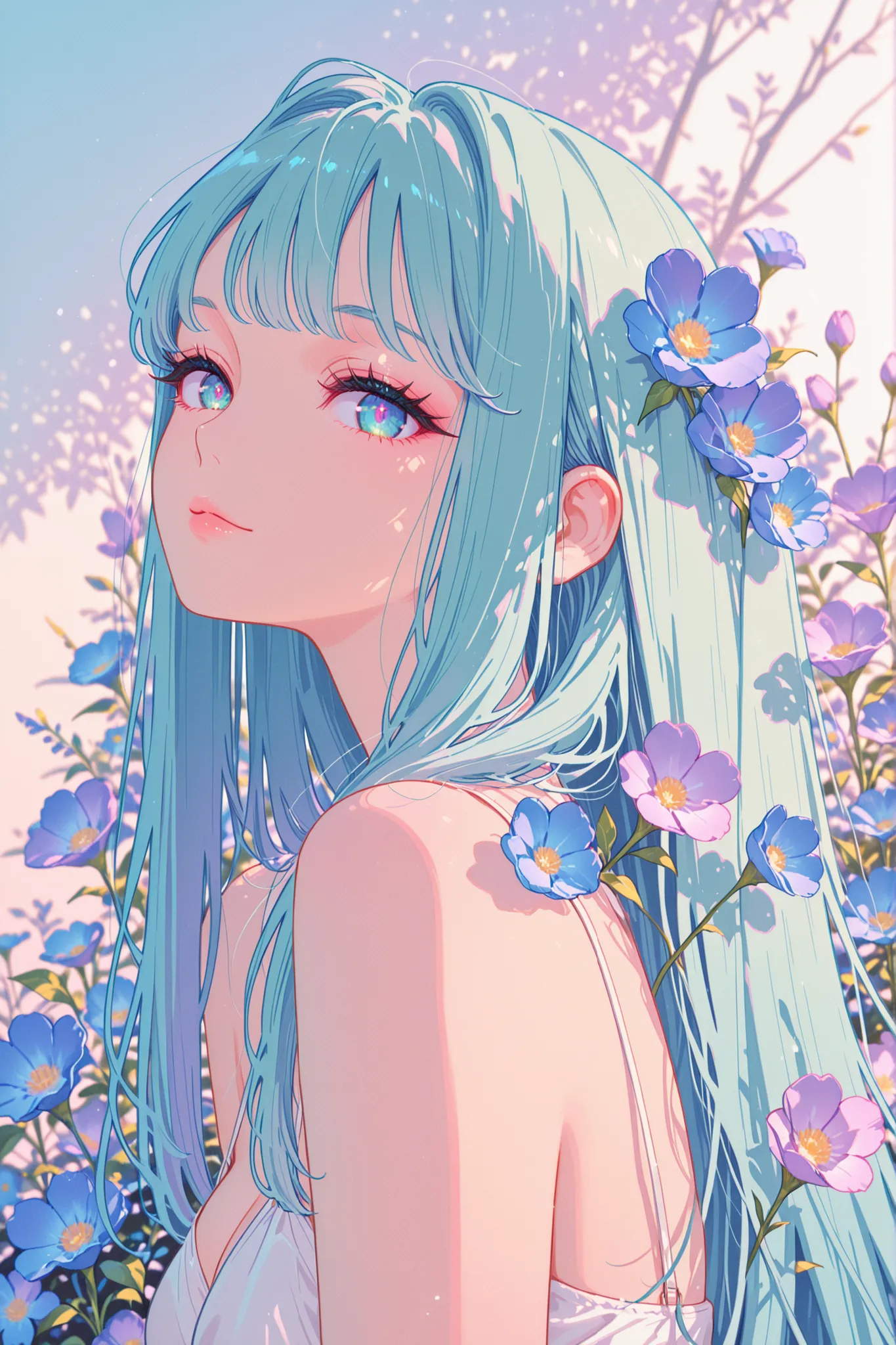 anime,rich,beautiful girl,upper body,side view,looking toward the viewer,blue green hair,long hair,loose strands,blue green eyes,detailed irises,long eyelashes,(Sensual eyes,feature double highlights),soft real lips,white one-piece dress,surrounded by purp...