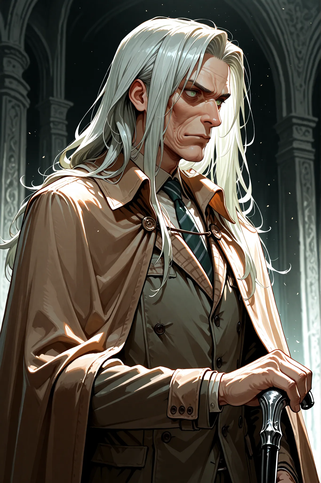 masterpiece,best quality, 1man,solo,male,elder,60yo,detective,long hair,shoulder length, Silver Hair,Gray-green eyes、sharp eyesight、high nose、Sunken cheeks,Suits,cape,cane,holding cane,upper body,