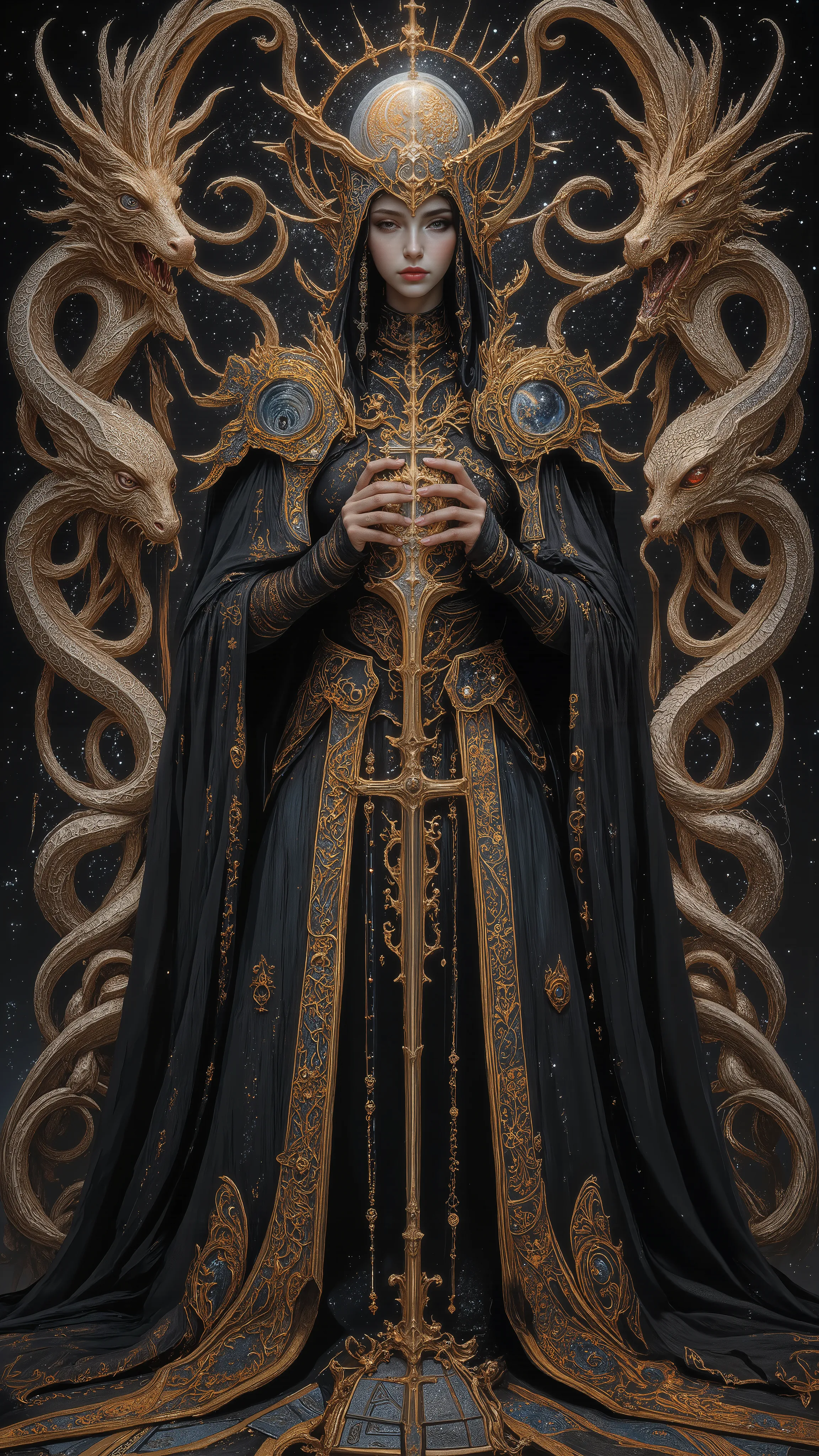 Surreal Painting,  An extravagant, mysterious female figure dressed in intricately embroidered black and white medieval clothing that fits her form perfectly , A jeweled rosary necklace with a large crucifix rests on her shoulder,Allusions to a historical ...