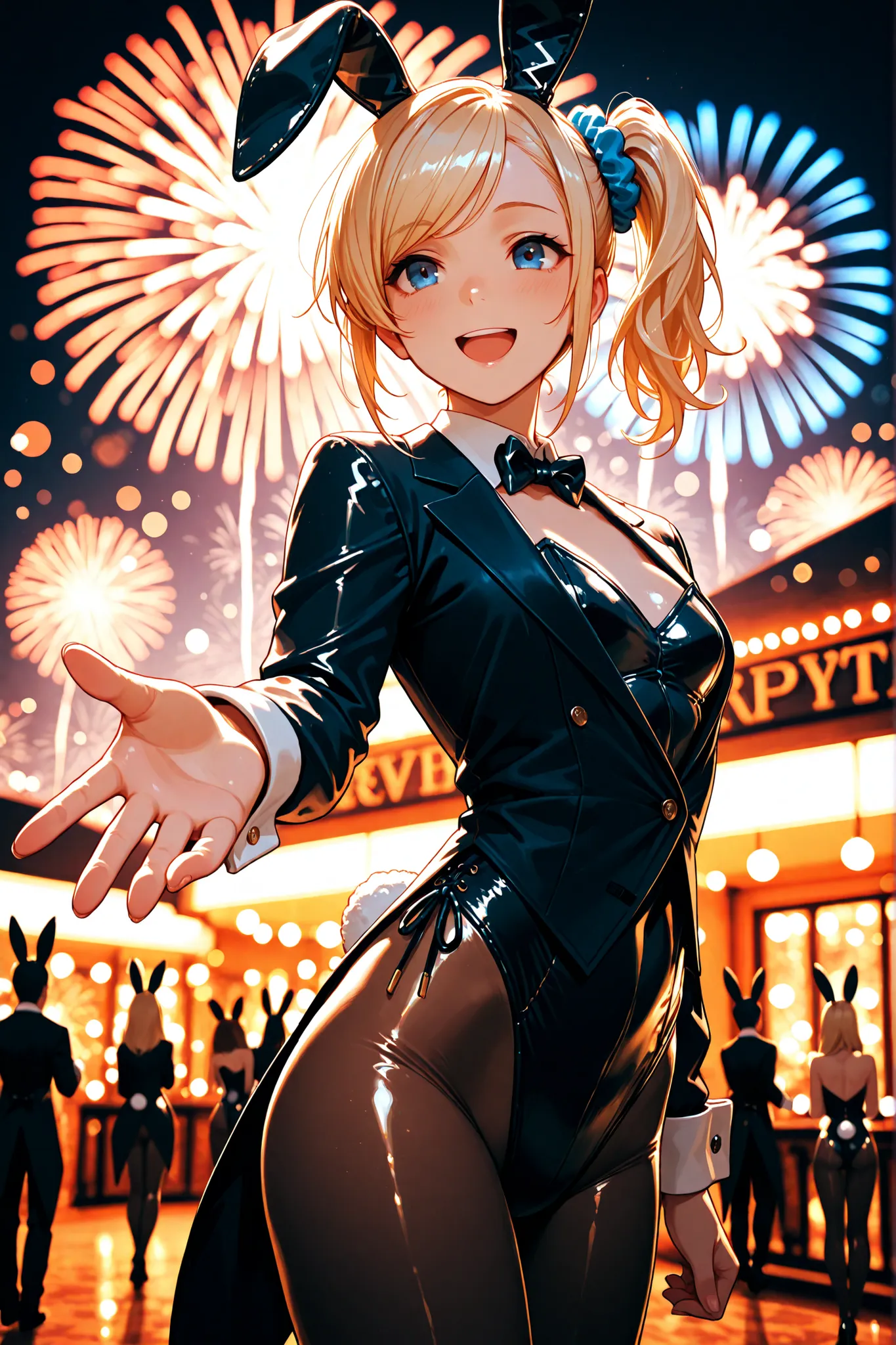 masterpiece,best quality,absurdres,beautiful pretty cute small face,1girl,shiny_skin,blonde hair,blue eyes,Side ponytail,hair scrunchie,hair ornament,blue scrunchie,Swept bangs,(black rabbit ears:1.1),playboy bunny,(bunnysuit:1.1),(tailcoat:1.3),pantyhose,...