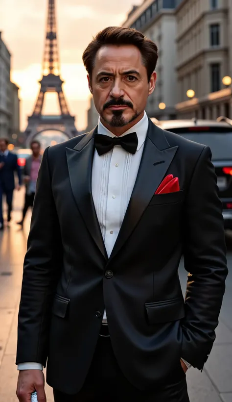 Tony Stark (Robert Downey Jr.) – Paris, França
Prompt:
A hyper-realistic cinematic portrait of Tony Stark (Robert Downey Jr.) wearing a tailored black tuxedo with a satin lapel and red pocket square, standing confidently near the Eiffel Tower at twilight. ...