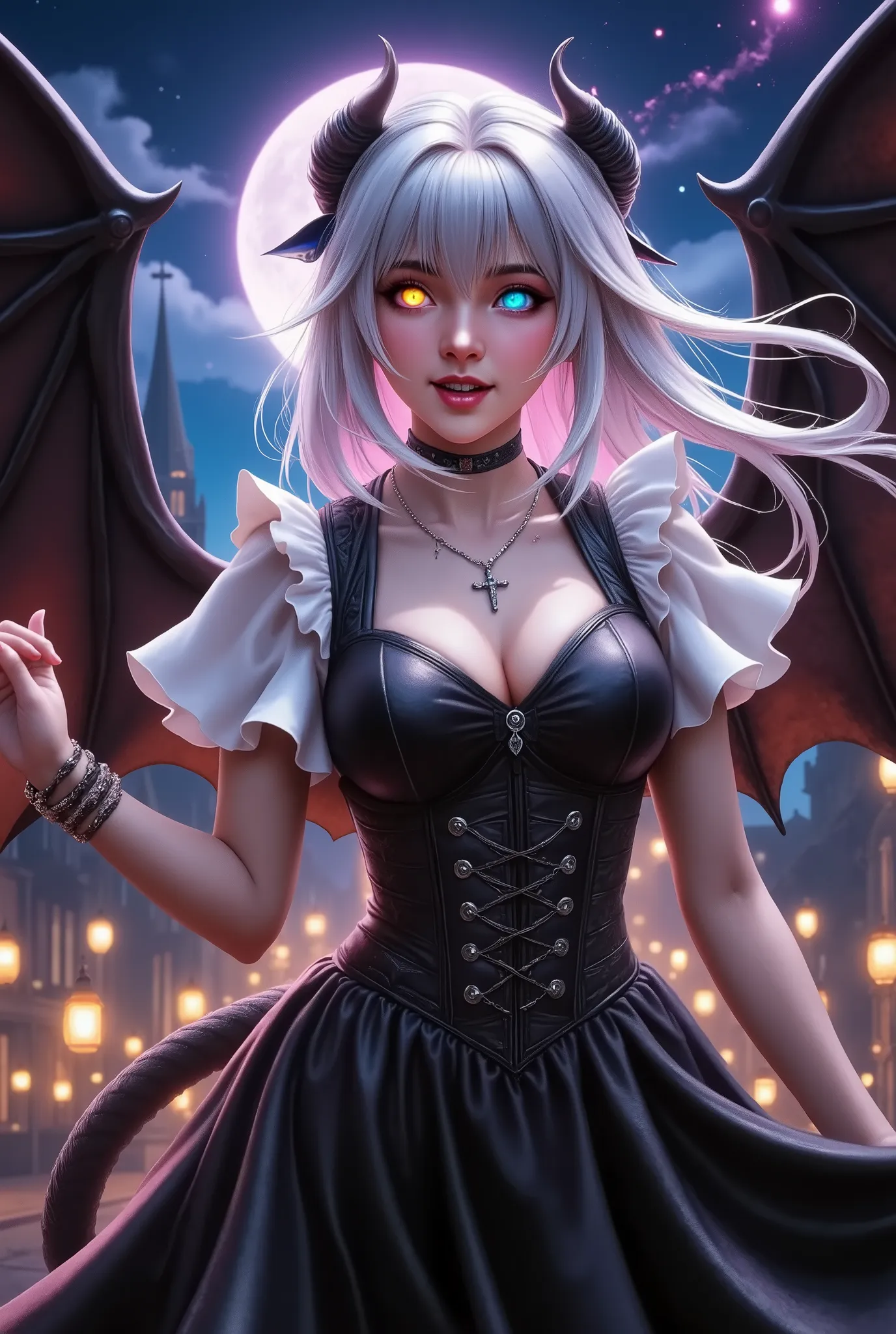 Illumination art,threatening low-angle perspective, demonic anime girl towering above viewer, wide evil smile with prominent fangs, dual-colored eyes gleaming with supernatural light, flowing white hair catching wind, enormous bat-like wings creating dark ...