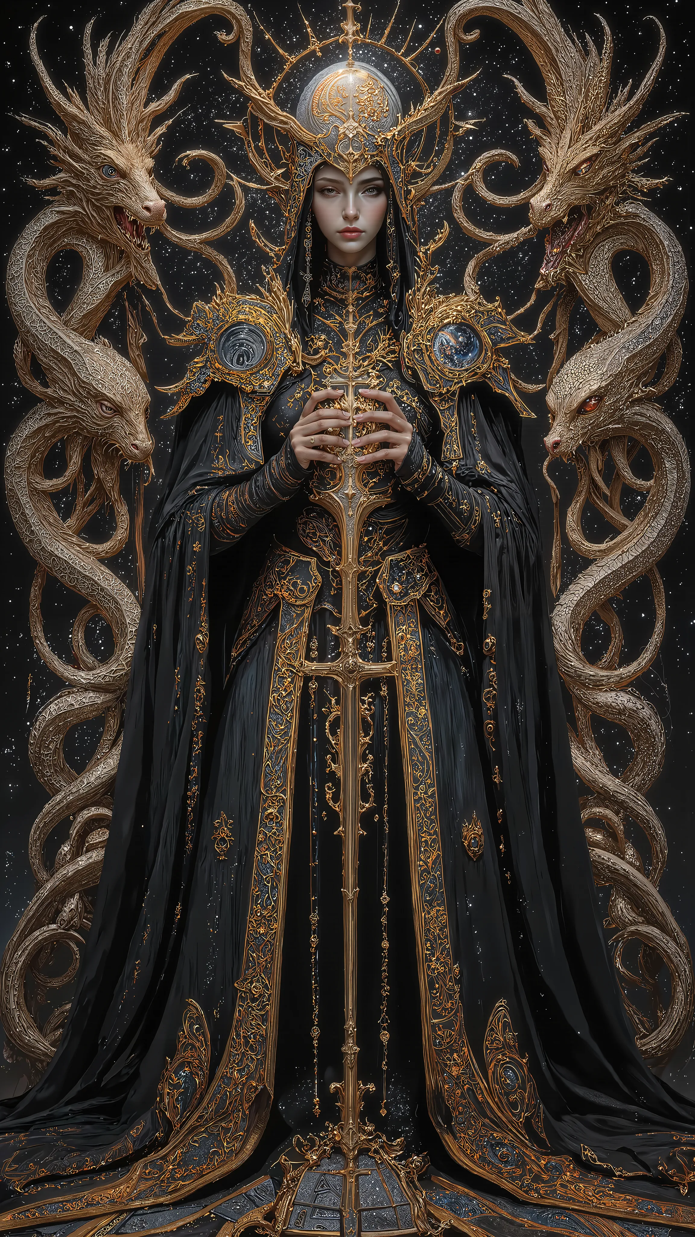 Surreal Painting,  An extravagant, mysterious female figure dressed in intricately embroidered black and white medieval clothing that fits her form perfectly , A jeweled rosary necklace with a large crucifix rests on her shoulder,Allusions to a historical ...