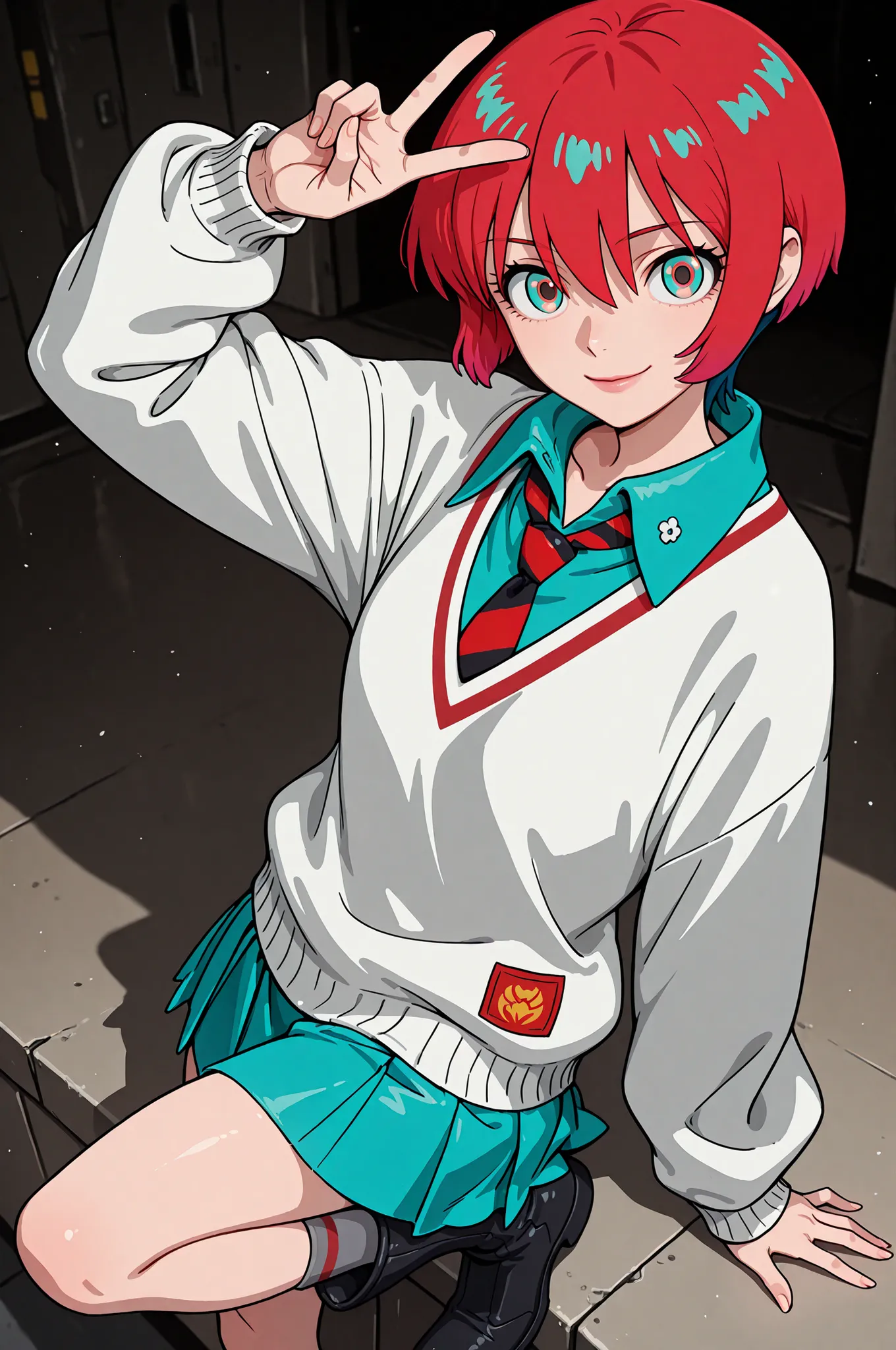 1girl, solo, amate yuzuriha,gundam gquuuuuux, GQuX-amate_yuzuriha, red hair, multicolored hair, short hair, aqua eyes, multicolored eyes, aqua shirt, striped necktie, white sweater, aqua skirt, grey socks, black boots, , looking at viewer, parted lips, , s...