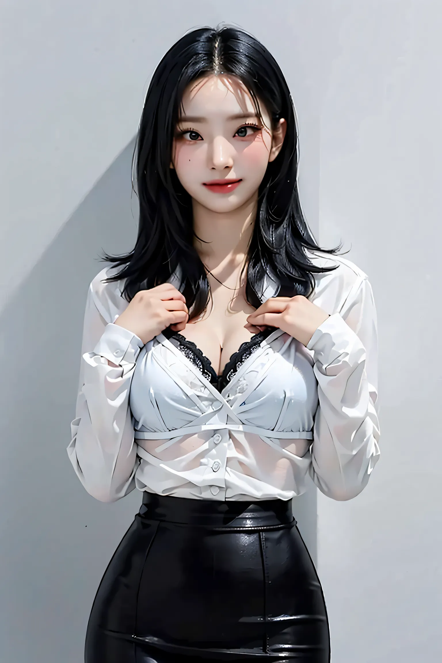 Best quality, masterpiece, ultra high res, (photorealistic: 1), saerom, 1girl, solo, pretty girl,
Light smile, female police inspector, wearing a white button shirt, pencil skirt. cleavage, lace black bra,
perfect breasts:0.3,
wide hip:0.4,