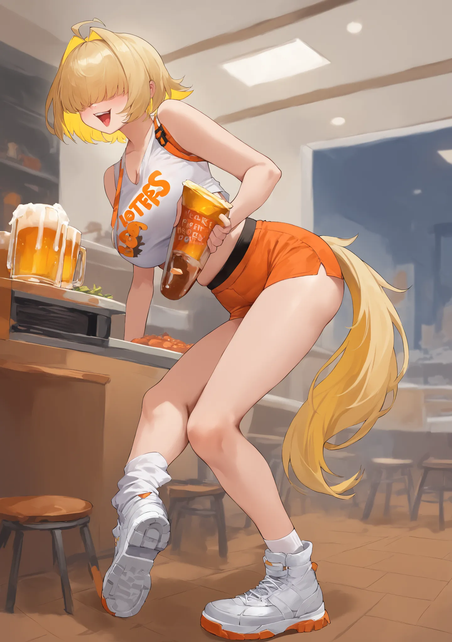 score_9, score_8_up, score_7_up, score_6_up, score_5_up, score_4_up, masterpiece, high quality, BREAK, full body, BREAK,    <lora:Elegg_Goddess_of_Victory_NIKKE_Pony_XL:0.8> elegg (nikke), large breasts, crop top, yellow hair, eyes covered, hair covering e...