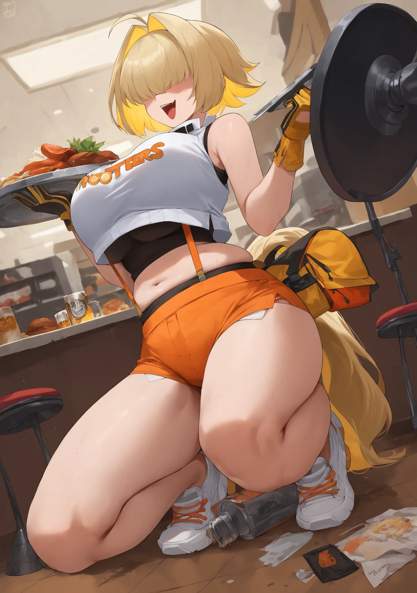 score_9, score_8_up, score_7_up, score_6_up, score_5_up, score_4_up, masterpiece, high quality, BREAK, full body, BREAK,    <lora:Elegg_Goddess_of_Victory_NIKKE_Pony_XL:0.8> elegg (nikke), large breasts, crop top, yellow hair, eyes covered, hair covering e...
