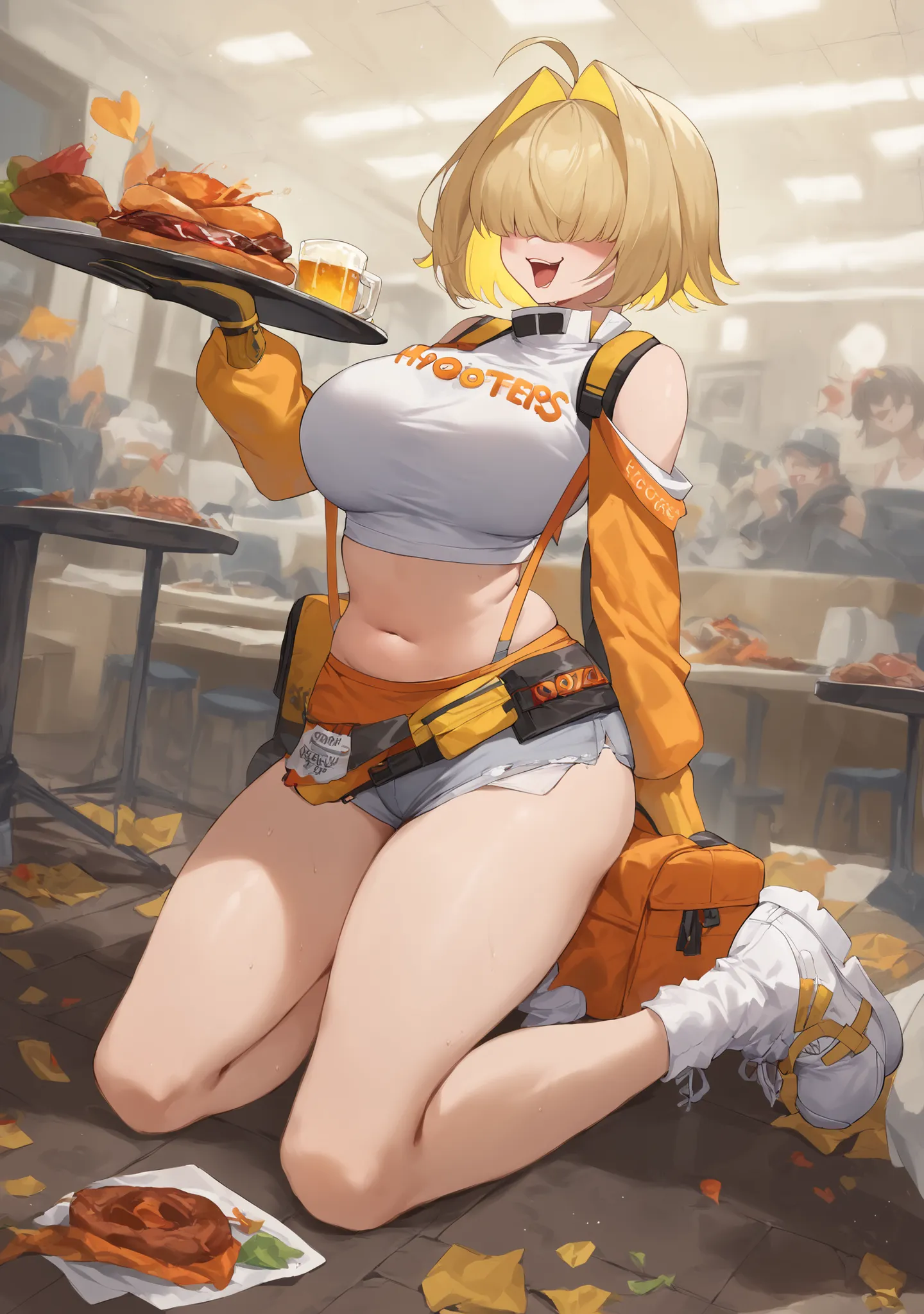 score_9, score_8_up, score_7_up, score_6_up, score_5_up, score_4_up, masterpiece, high quality, BREAK, full body, BREAK,    <lora:Elegg_Goddess_of_Victory_NIKKE_Pony_XL:0.8> elegg (nikke), large breasts, crop top, yellow hair, eyes covered, hair covering e...