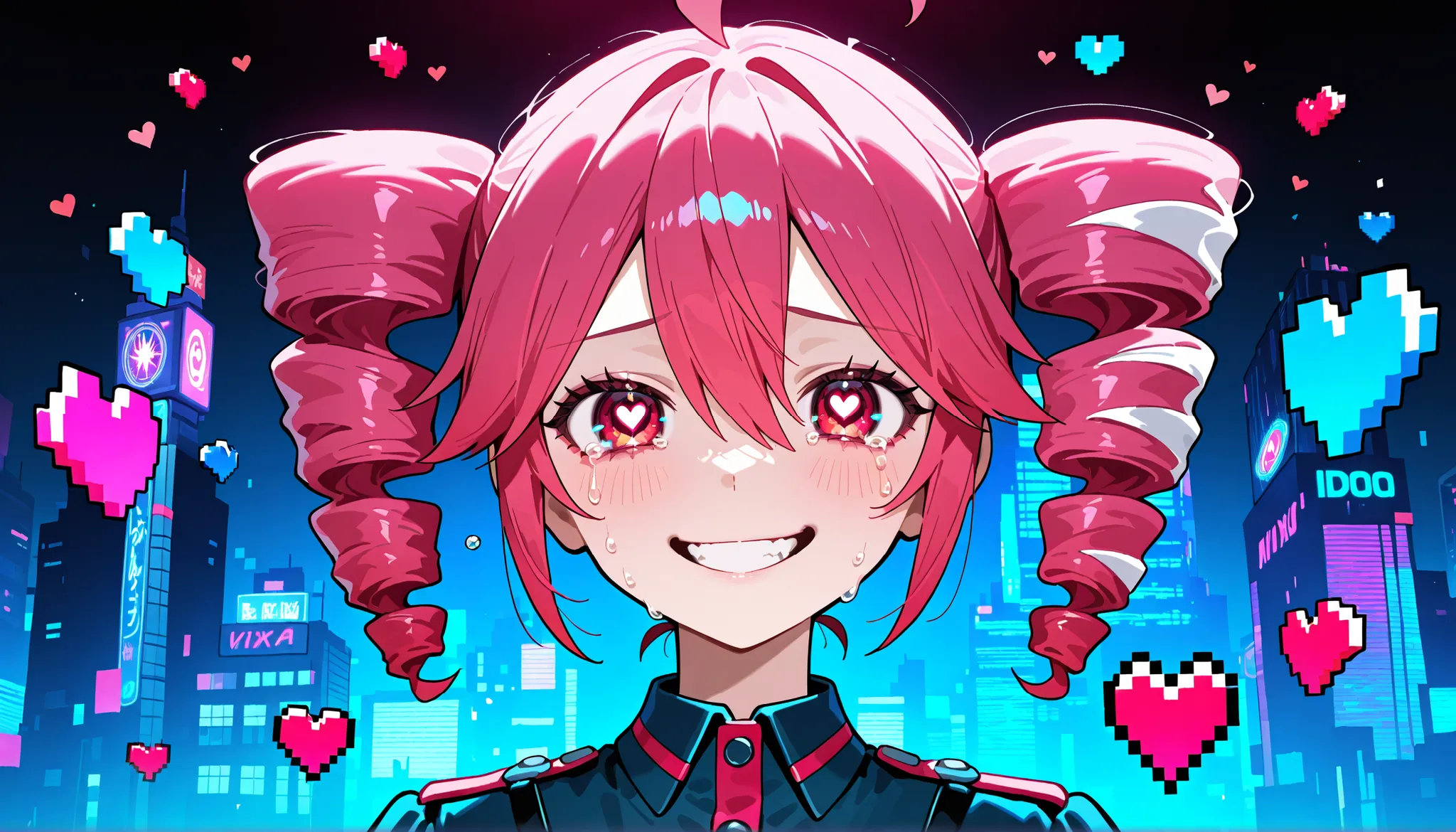 A chaotic and emotional anime-style illustration of a pink-haired virtual girl resembling Kasane Teto, surrounded by glitch effects, broken hearts, She has a twisted smile with tears in her eyes, wearing a dark gothic outfit with cyberpunk accents. The bac...