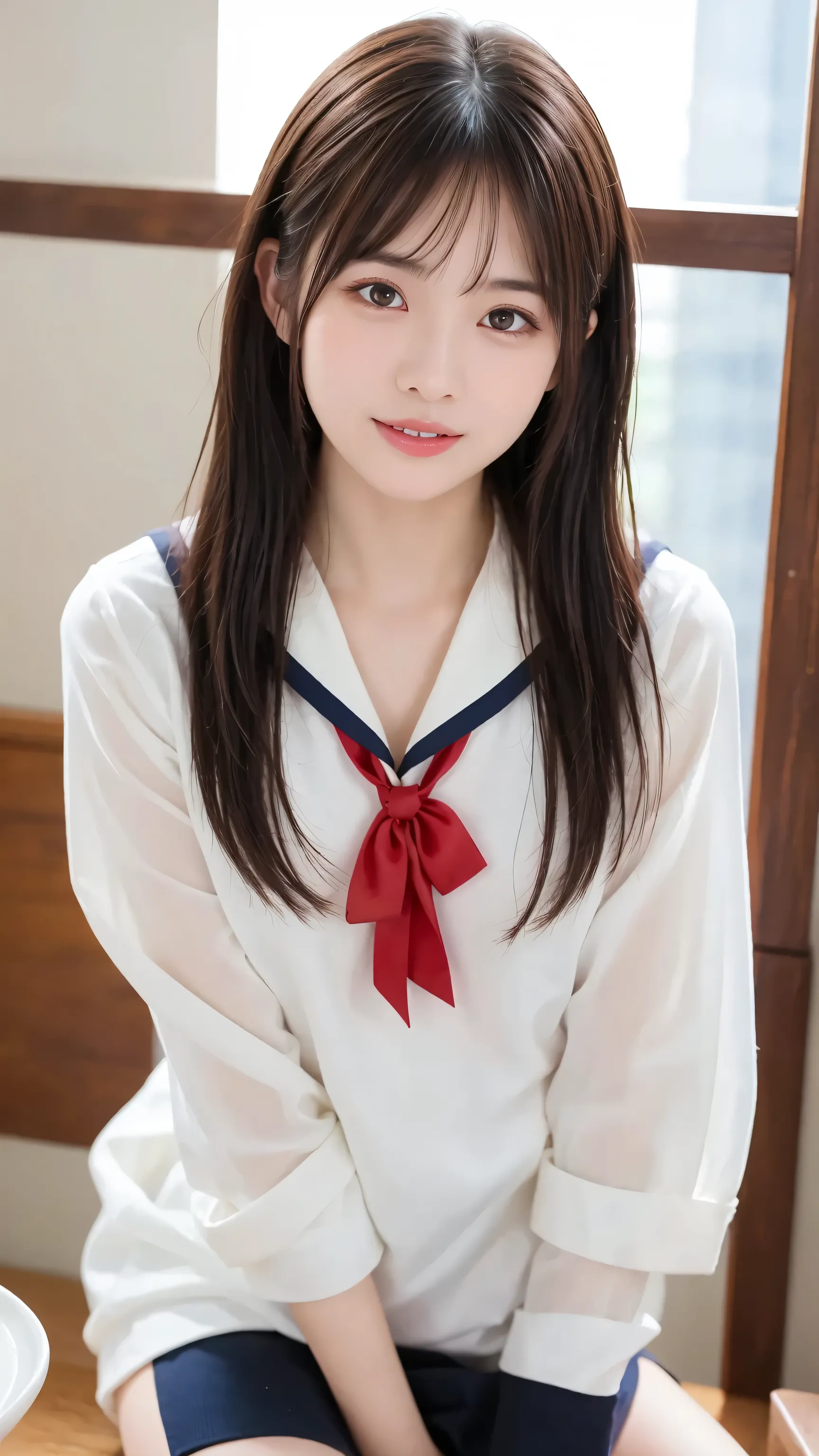 ((masterpiece)), (( top quality)), ( details), (( 非常にdetailsな)), 4K, (8k),  top quality, (  beautiful ),  anime style ,  upper body,  focus on the whole body,  in the classroom ,  cute woman,  1 woman 、  beautiful  mature woman, Alone, ( sailor suit 、 plea...