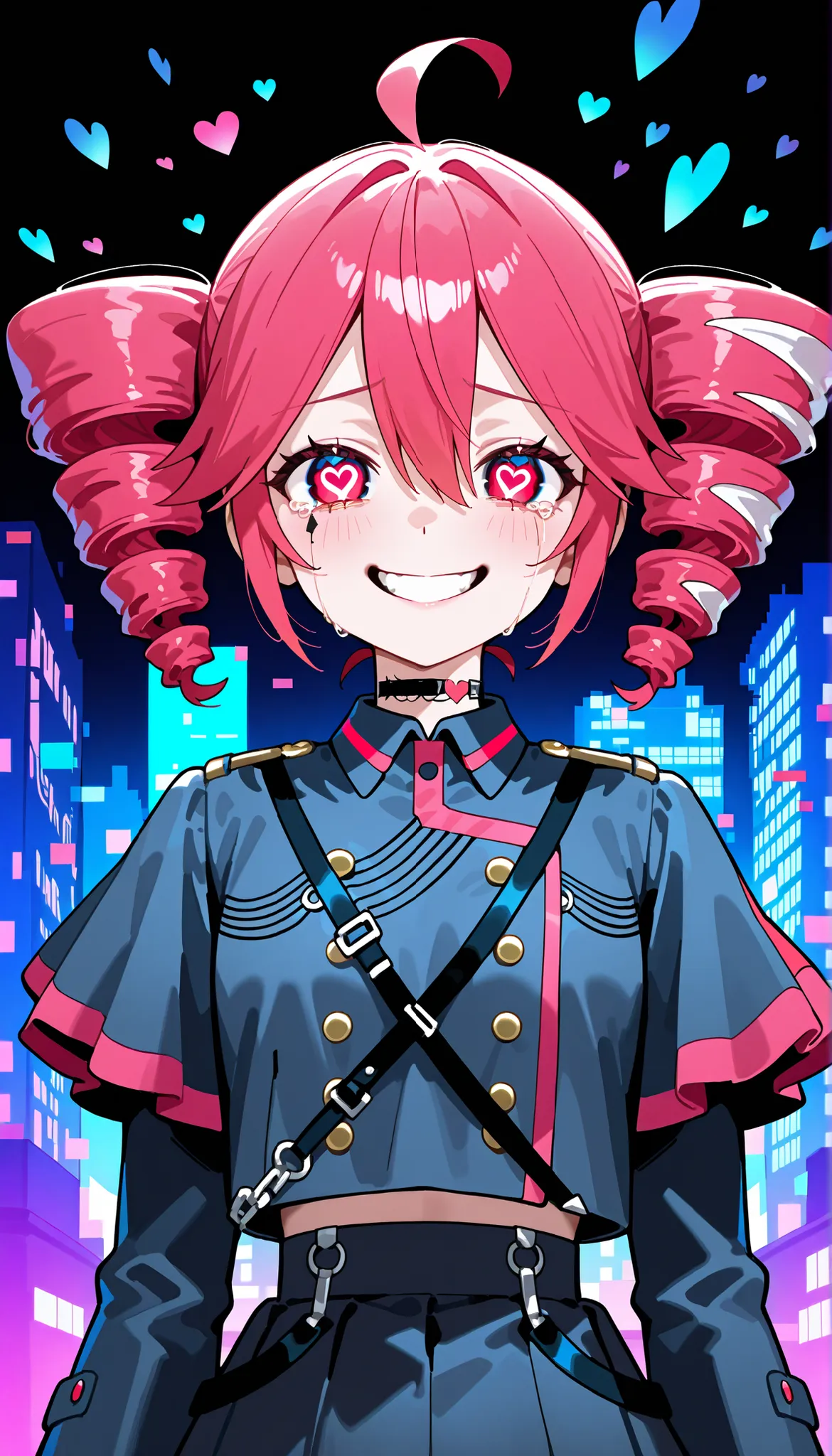 A chaotic and emotional anime-style illustration of a pink-haired virtual girl resembling Kasane Teto, surrounded by glitch effects, broken hearts, She has a twisted smile with tears in her eyes, wearing a dark gothic outfit with cyberpunk accents. The bac...
