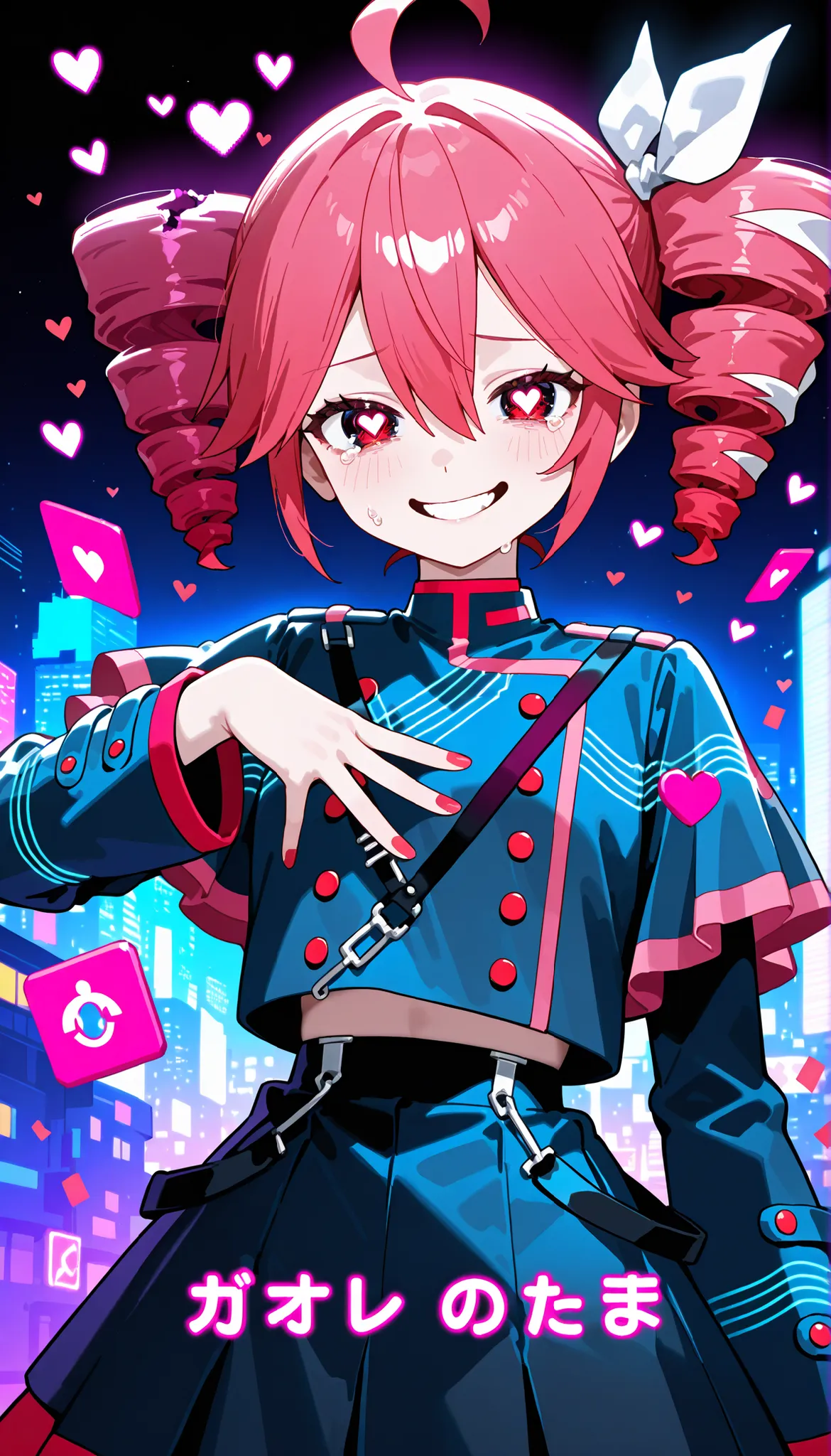 A chaotic and emotional anime-style illustration of a pink-haired virtual girl resembling Kasane Teto, surrounded by glitch effects, broken hearts, She has a twisted smile with tears in her eyes, wearing a dark gothic outfit with cyberpunk accents. The bac...