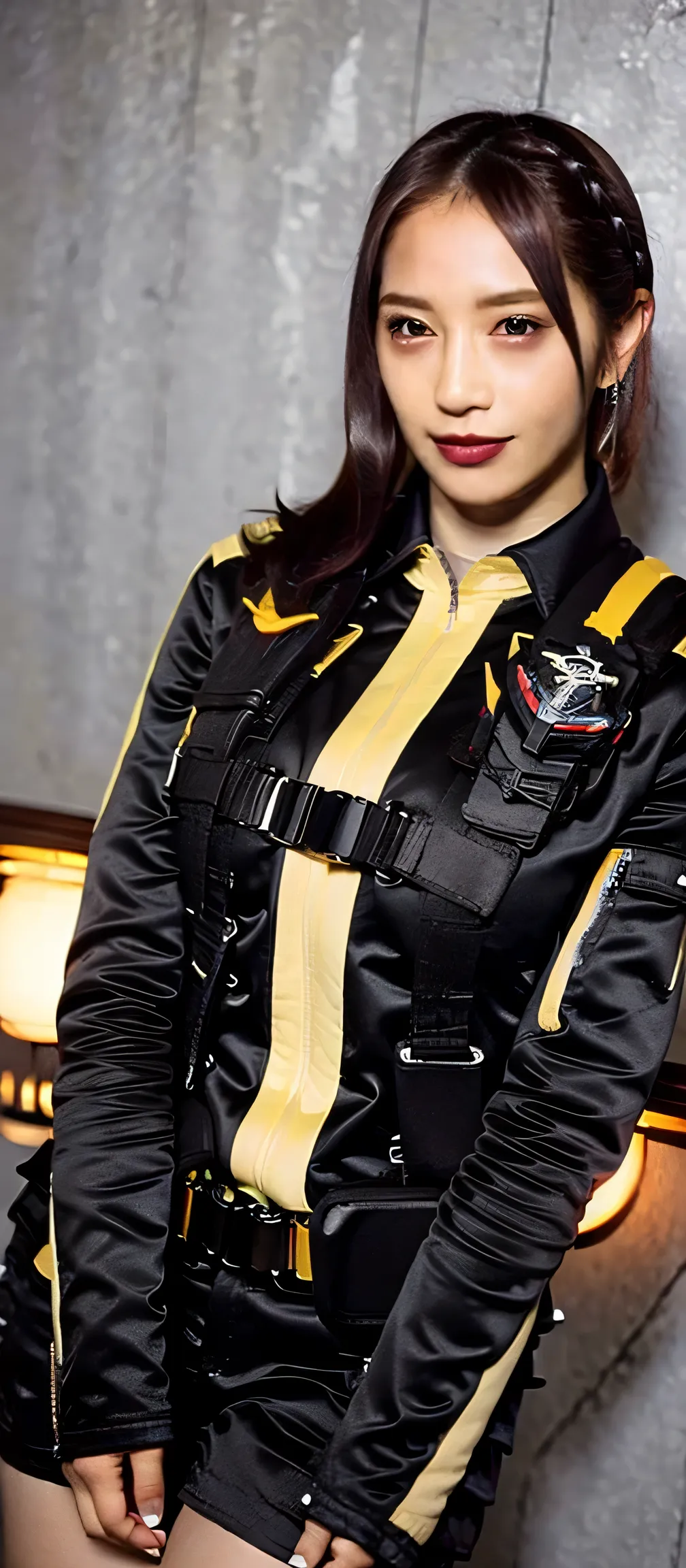 (   Extremely Realistic ), ( top quality), ((round,        SMALL AND PRECISE FACE       )),black gloves,black shorts, boots,jacket,shorts, black hair ,big breasts,adult woman , Her breasts are so big and plump   .,  ,   The clothes are perfect for that fig...