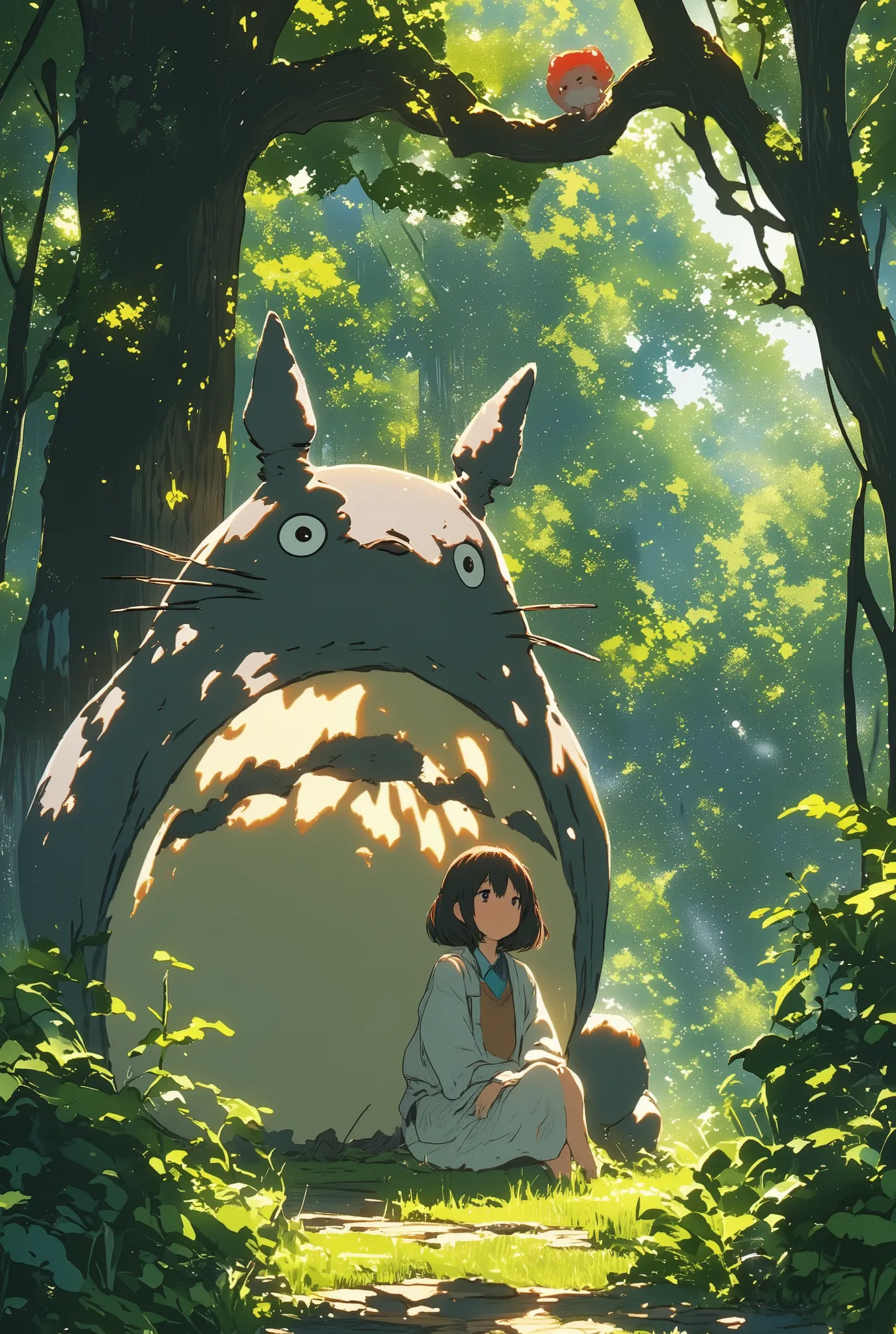 "A Studio Ghibli inspired scene from My Neighbor Totoro, featuring the large grey Totoro and the young girl Satsuki. Satsuki is nestled comfortably against Totoro's large, furry belly, both sitting on a grassy knoll in a lush, magical forest with towering,...