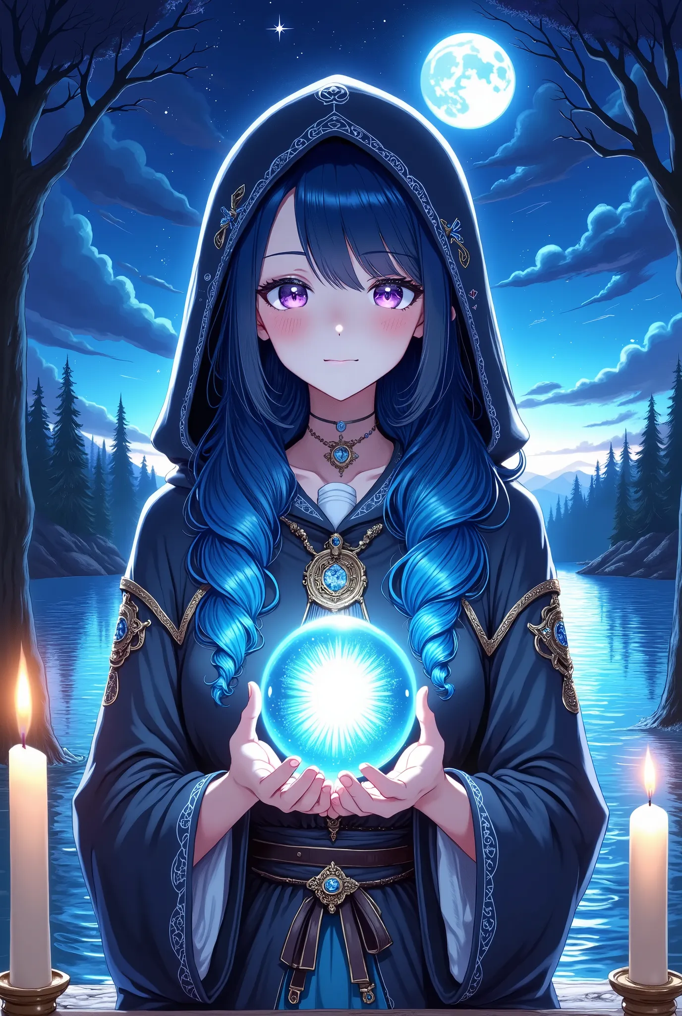 fortune teller who is a young female college student。Blue hair with long curly hair、and a hooded robe on the head。purple eyes looking ahead。Magical light emits from the crystal ball she holds、moonlight shines into the lake in the background、light rises fro...