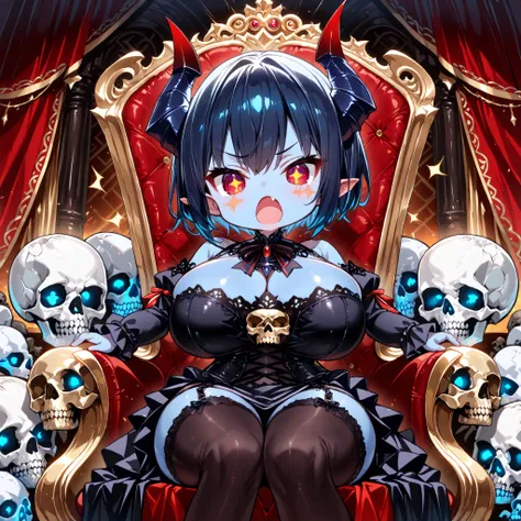 dark royal room,1girl,solo,(chibi),demon girl,short hair,(dark blue hair,blue skin),red eyes,fang,+_+,high laughter,wide open mouth,black gothic dress,huge breasts,black tights,garter belt,sitting on throne,skull object,((masterpiece, best quality, extreme...