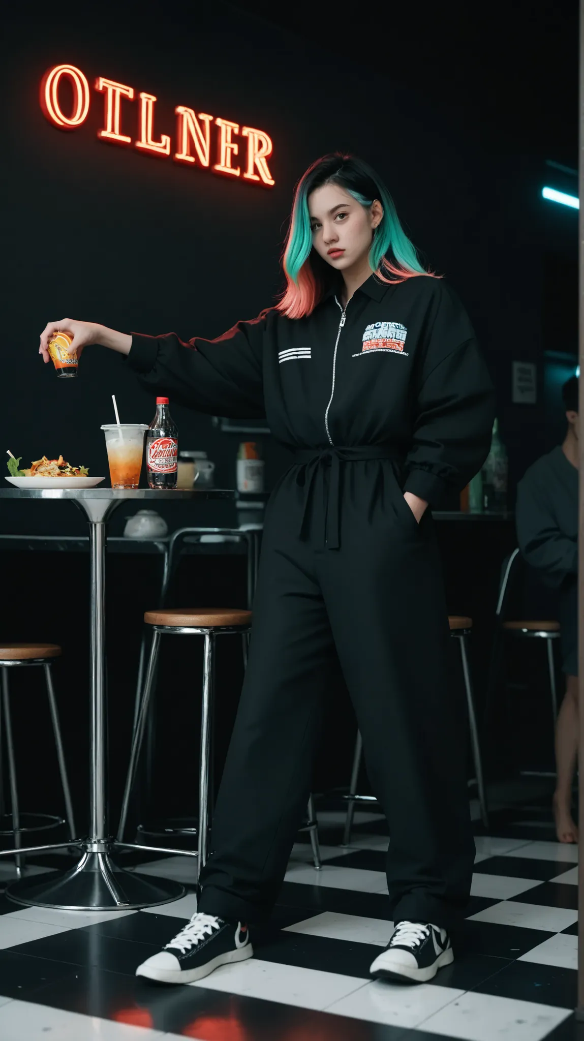 retro-noir-diner, obsidian-architecture, floating-text-drinks, luminous-AI-patrons, neon-magenta-accents, cyber-teal-highlights, october-black-walls, glowing-counter-display, checkered-floor-gleam, binary-smoke-wisps, do you think more AI are going to show...