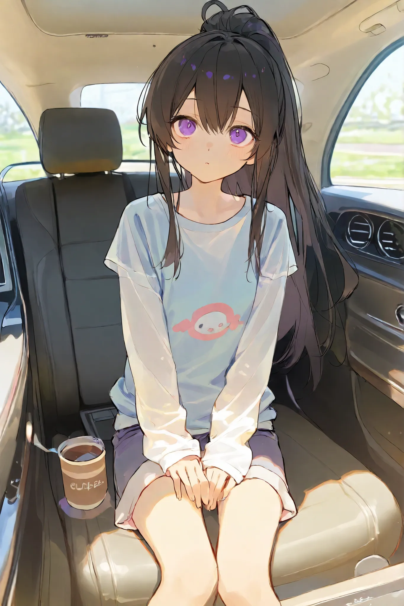 best quality inside the vehicle, Outstanding work, perfect resolution 1 girl, long black ponytail, Purple eyes, cute face, charming S-line body, elastic waistline, White empty sleeve tea, shorts, soft shadows, bright atmosphere and lively expression, playf...
