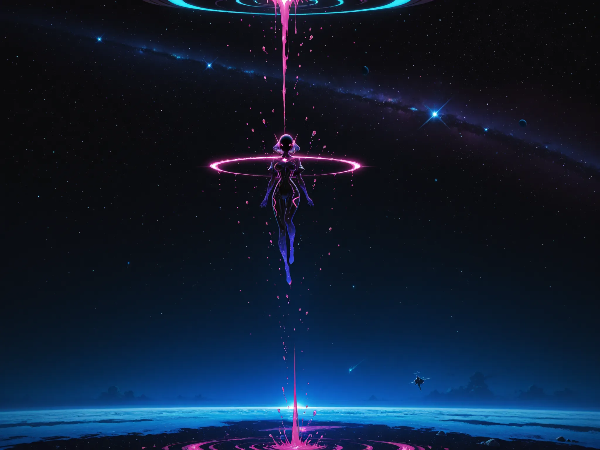 liquid drops, dark neon colors, suspended in gravity and space. liminial space