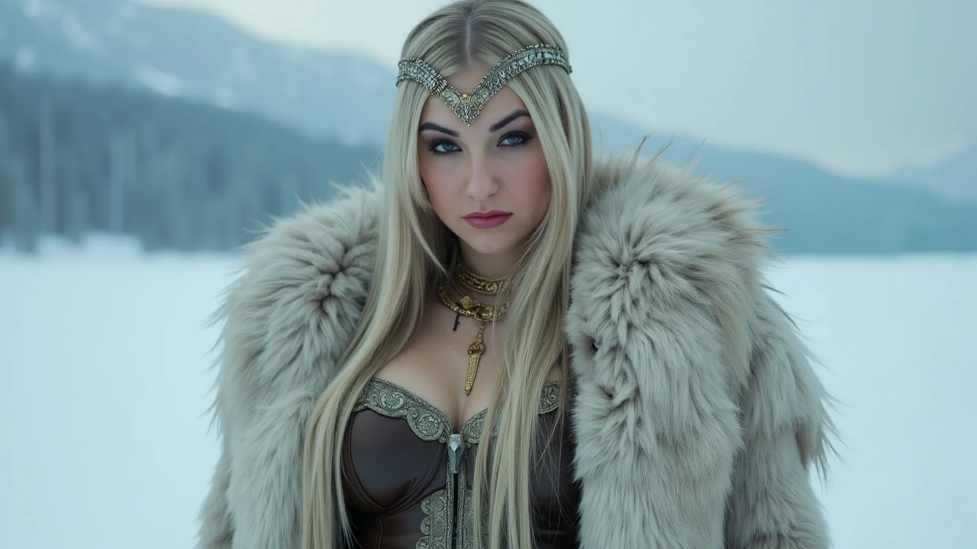 a photograph cinematic of a muscular yet feminine voluptous blonde viking goddess form exuding confidence and sensuality. she posses long silver hair with braids, deep blue eyes, red lips. She is wearing a long ehite bear coat, fur armor, boots, gold brace...
