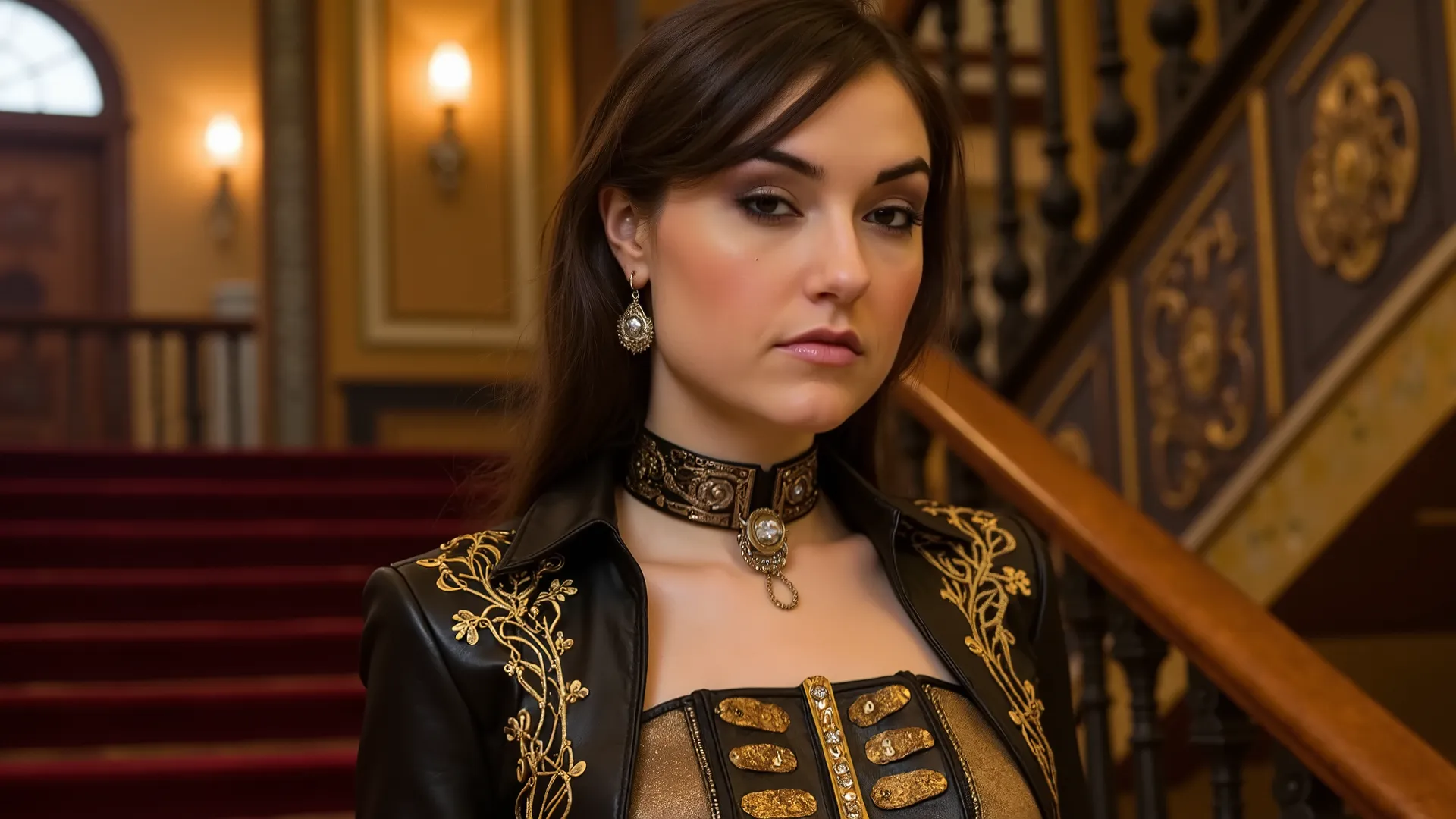 steampunk female aristocrat portrait, beautiful noblewoman on staircase, sharp facial features with piercing eyes, elegant silk and leather gown with gold filigree, bronze corset with gem-set dials, high collar, jewelled monocle on chain, clockwork earring...