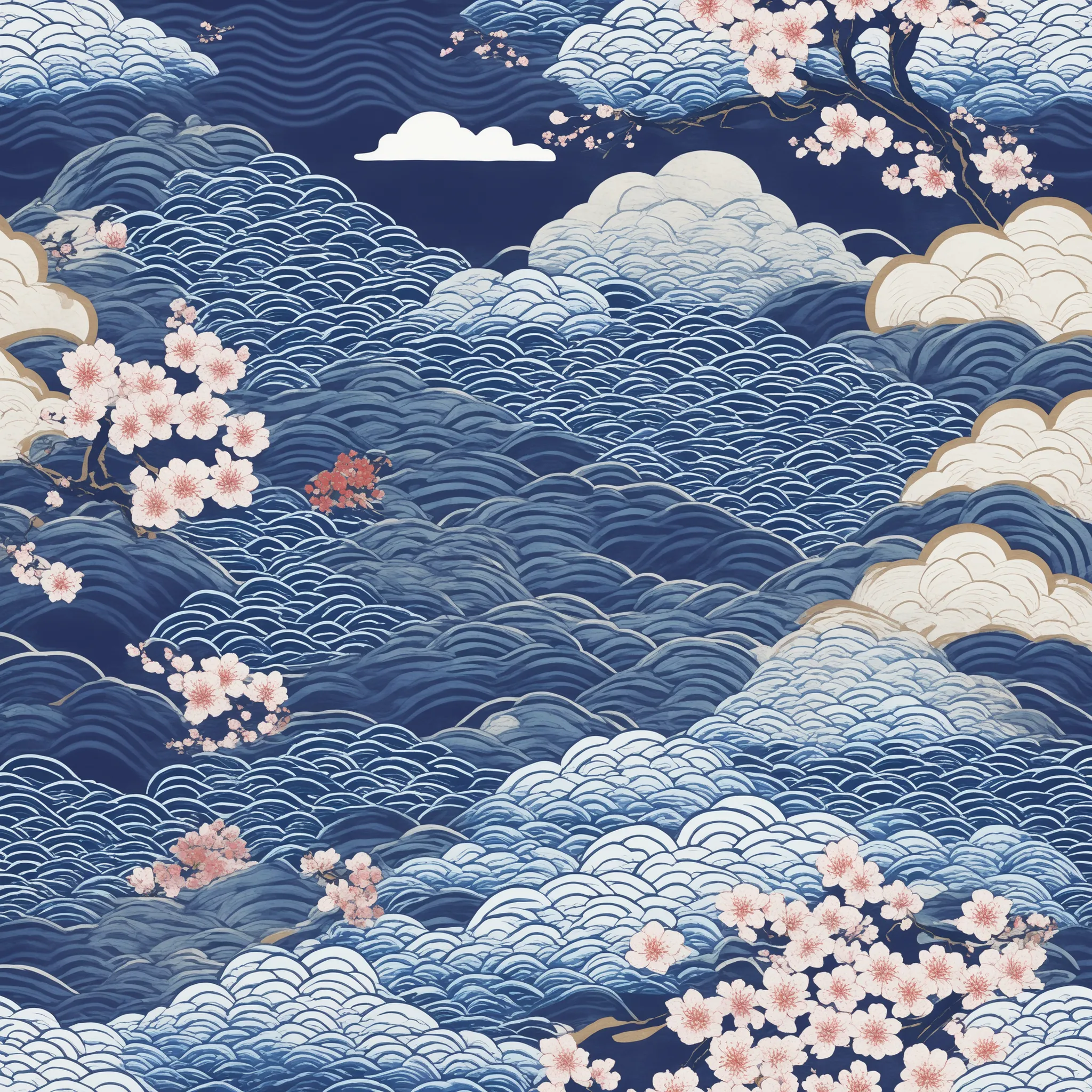 Japanese style background with oriental flowers and clouds, Japanese pattern, petals, Japanese painting about flowers, Oriental Wallpaper , repeat pattern , Lush Japanese landscape, Japanese woodblock print style , Flowing Cherry Blossom Silk, indigo ba...