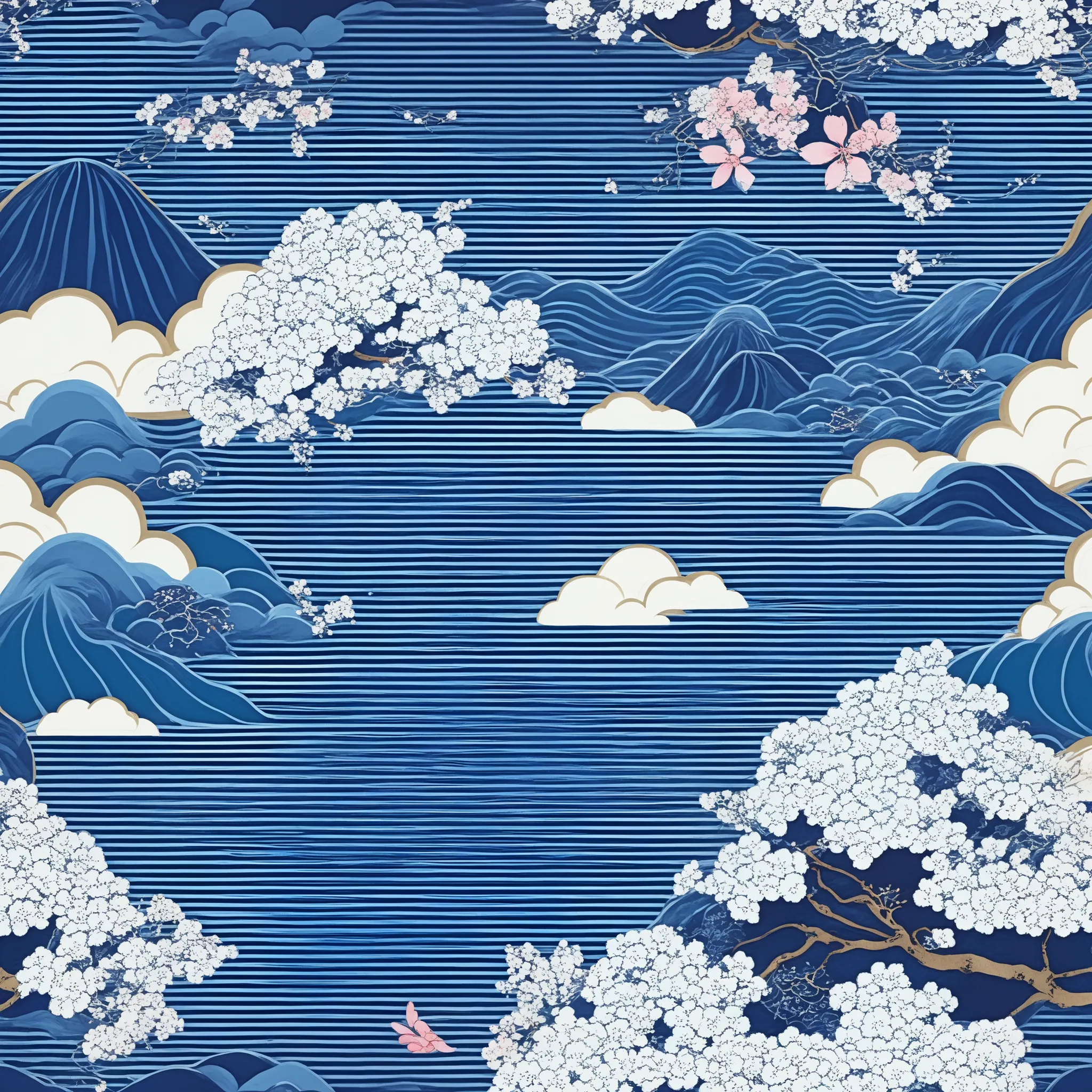 Japanese style background with oriental flowers and clouds, Japanese pattern, petals, Japanese painting about flowers, Oriental Wallpaper , repeat pattern , Lush Japanese landscape, Japanese woodblock print style , Flowing Cherry Blossom Silk, indigo ba...
