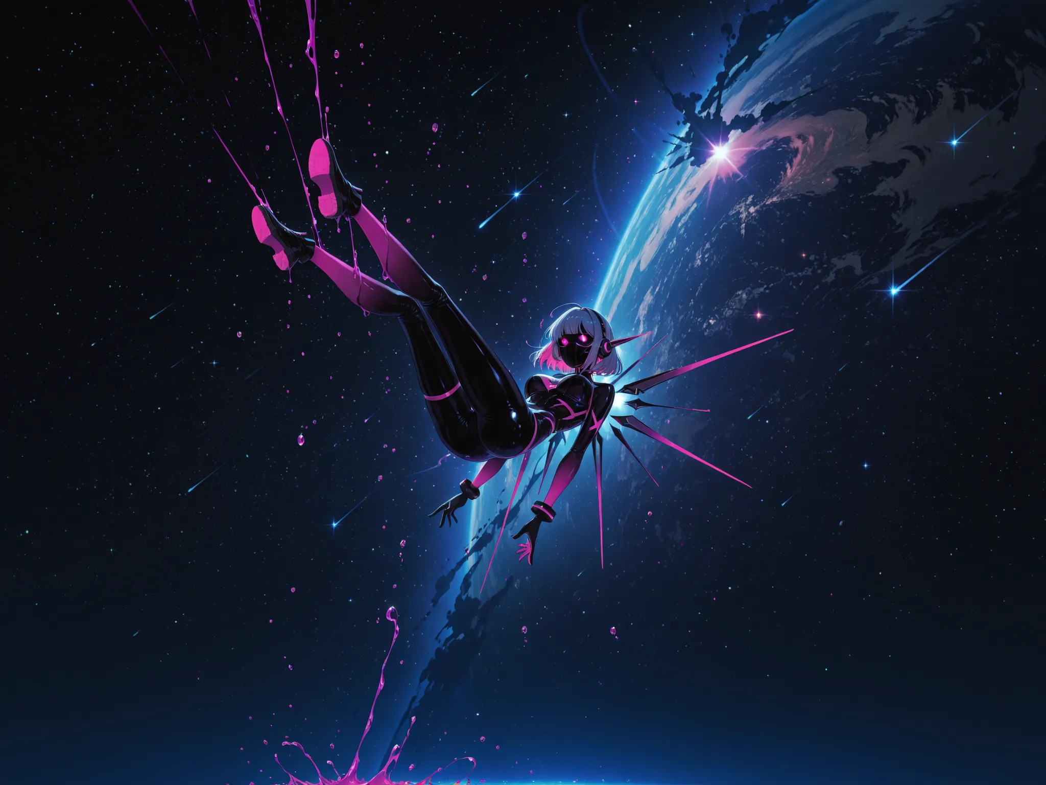 liquid drops, dark neon colors, suspended in gravity and space. liminial space
