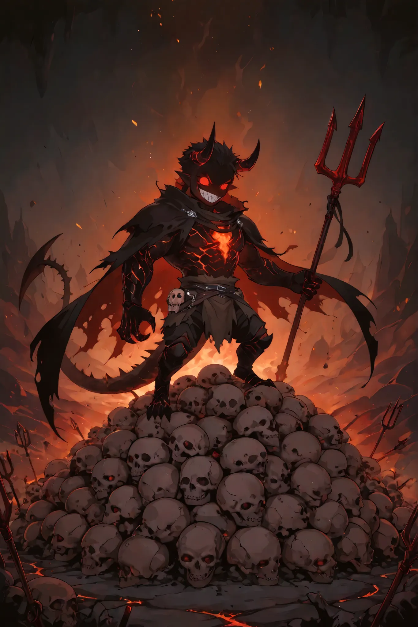 A chibi small mischievous devil standing on a pile of skulls, with tiny horns, a spiked tail, and glowing red eyes. He wears a torn cape and holds a miniature trident, grinning mischievously. The background is a smoky underworld with lava cracks on the gro...
