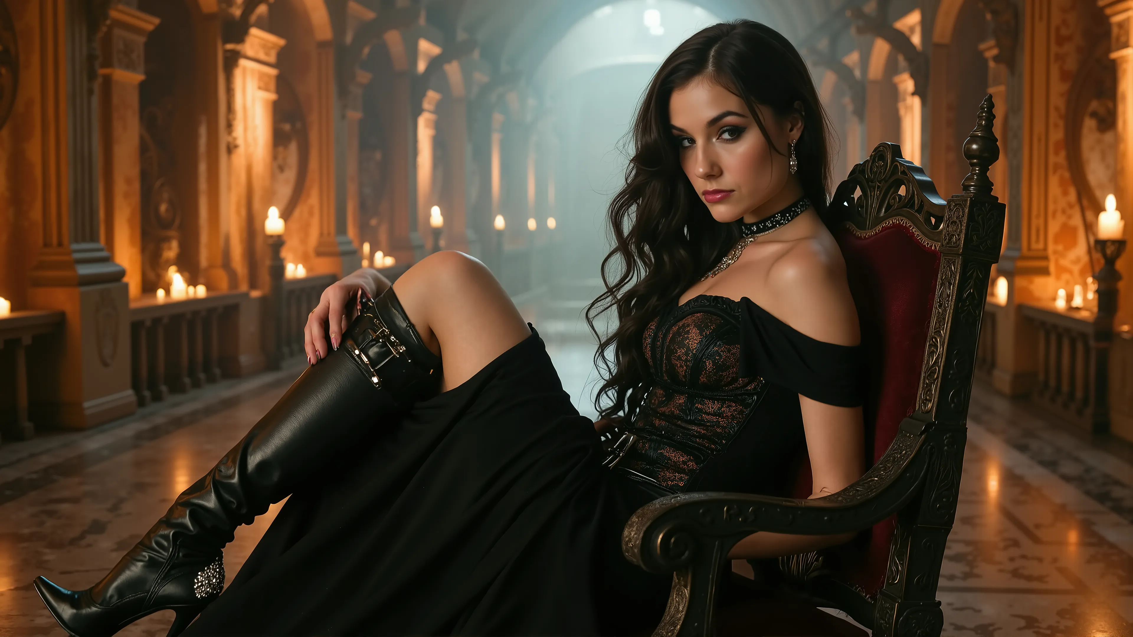 A captivating and enigmatic sorceress with flowing black hair sits gracefully within a dimly lit fantasy corridor, where shadows dance among ethereal elements. Her stunning black gown, adorned with intricate, otherworldly patterns, features a high collar a...