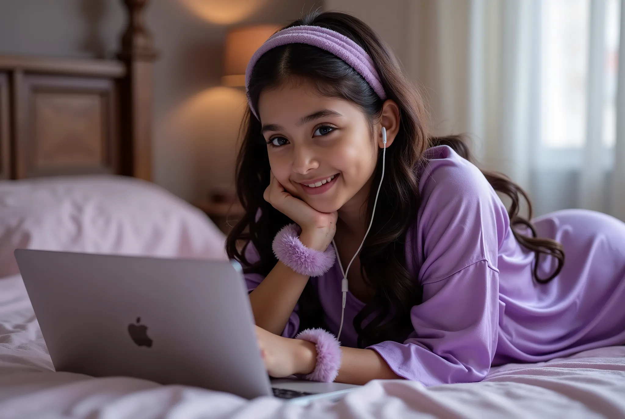 anaswarasdxl, cuteloli, Full image of a young girl looking at laptop while lying down on stomach in her bedroom. She has light-tone makeup, smiling look, Indian skin tone, matte lips. Her hairs are long, brown, wavy and stylish. She is wearing a violet sat...