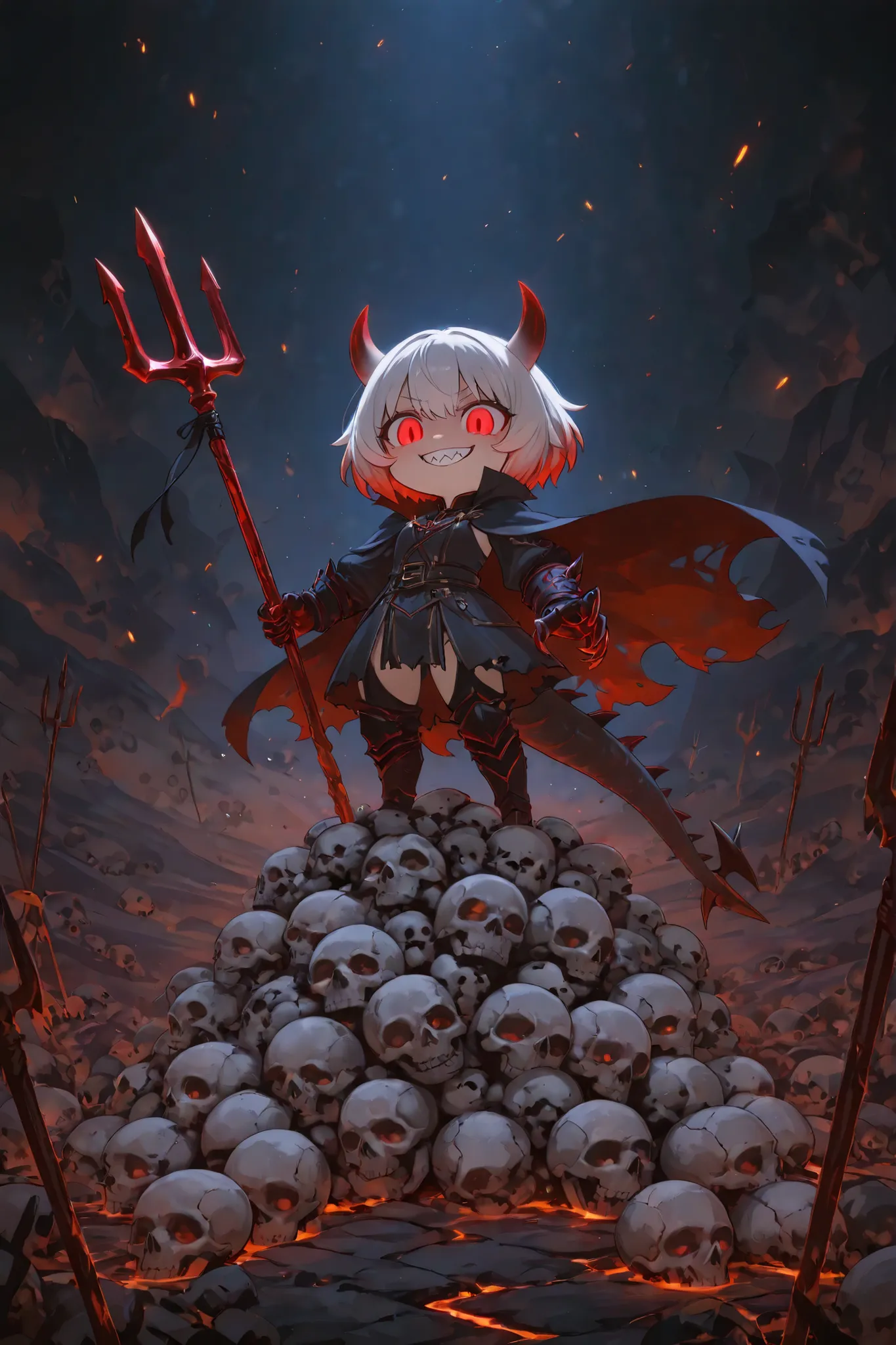 A chibi small mischievous devil girl standing on a pile of skulls, with tiny horns, a spiked tail, and glowing red eyes. He wears a torn cape and holds a miniature trident, grinning mischievously. The background is a smoky underworld with lava cracks on th...