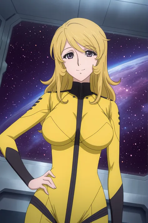 general,highres, ultra-detailed,very aesthetic,best quality ,best hands,best eyes,easynegative,
dynamic angle, dutch angle, anime cloring,anime screencap,
1girl solo,looking at viewer,hand on hip, smile, space ship, indoors,
Yuki Mori,blonde_hair, long_h...