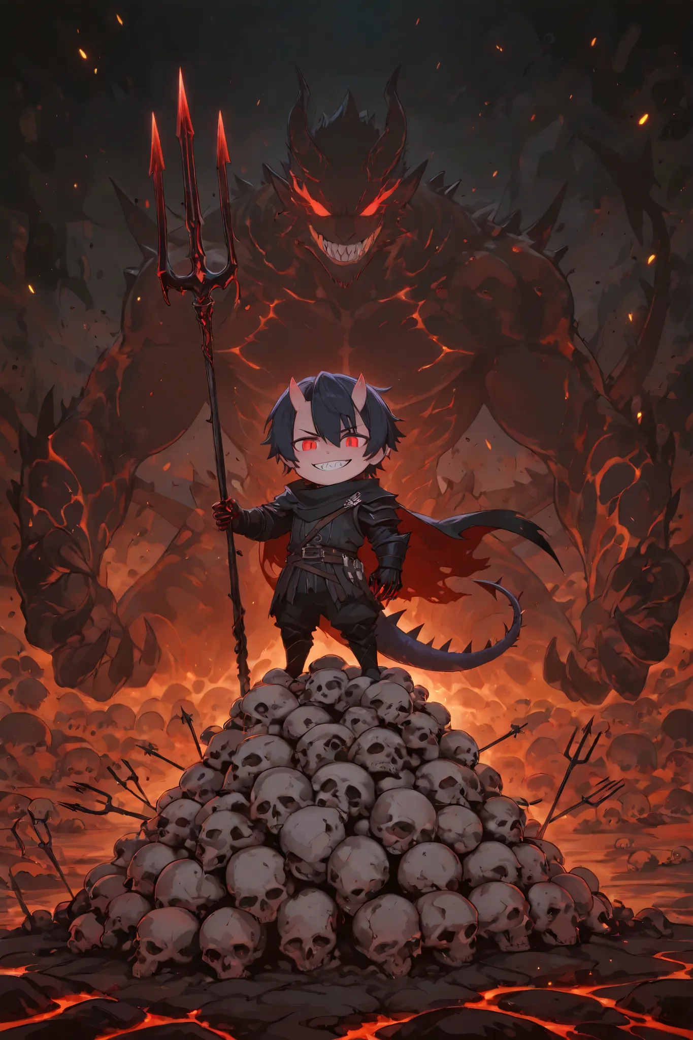 A chibi small mischievous devil Boy standing on a pile of skulls, with tiny horns, a spiked tail, and glowing red eyes. He wears a torn cape and holds a miniature trident, grinning mischievously. The background is a smoky underworld with lava cracks on the...