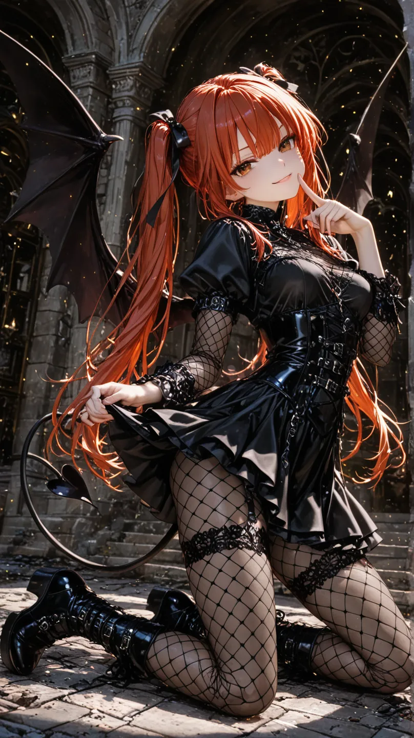 1girl , solo , Akitsuki Noah_Liar Liar , orange twin tails , string hair ribbon , brown eyes ,  Gothic mini dress , fishnet bodystocking , High-Waist Garter Belt ,  demon wings , demon tail , glamor , 
break , 
kneeling pose , smug , looking at viewer , Twisting , shushing , skirt flip , leaning back , sexy pose , 
break , 
( ambient occlusion:0.9 ) , masterpiece , best quality , ultra-detailed , high resolution , extremely detailed CG , unity 8k wallpaper , super detailed skin , perfect anatomy , detailed beautiful face , detailed beautiful eyes , highres , chiaroscuro , highly detailed background , elaborately designed clothes , dramatic lighting  , full body , from side , dramatic angle , light particles , ARW , 