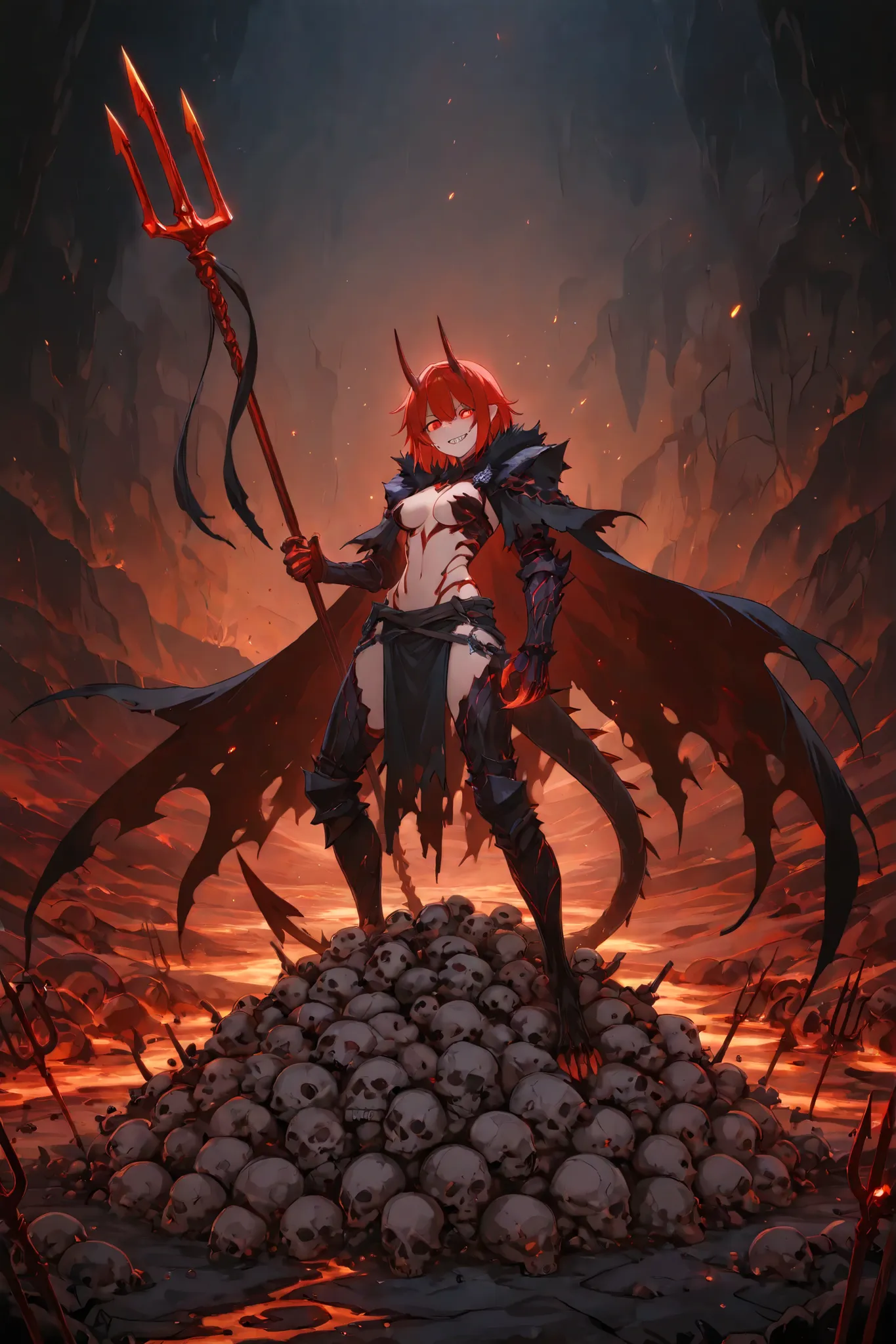 A chibi small mischievous devil with breasts standing on a pile of skulls, with tiny horns, a spiked tail, and glowing red eyes. He wears a torn cape and holds a miniature trident, grinning mischievously. The background is a smoky underworld with lava crac...