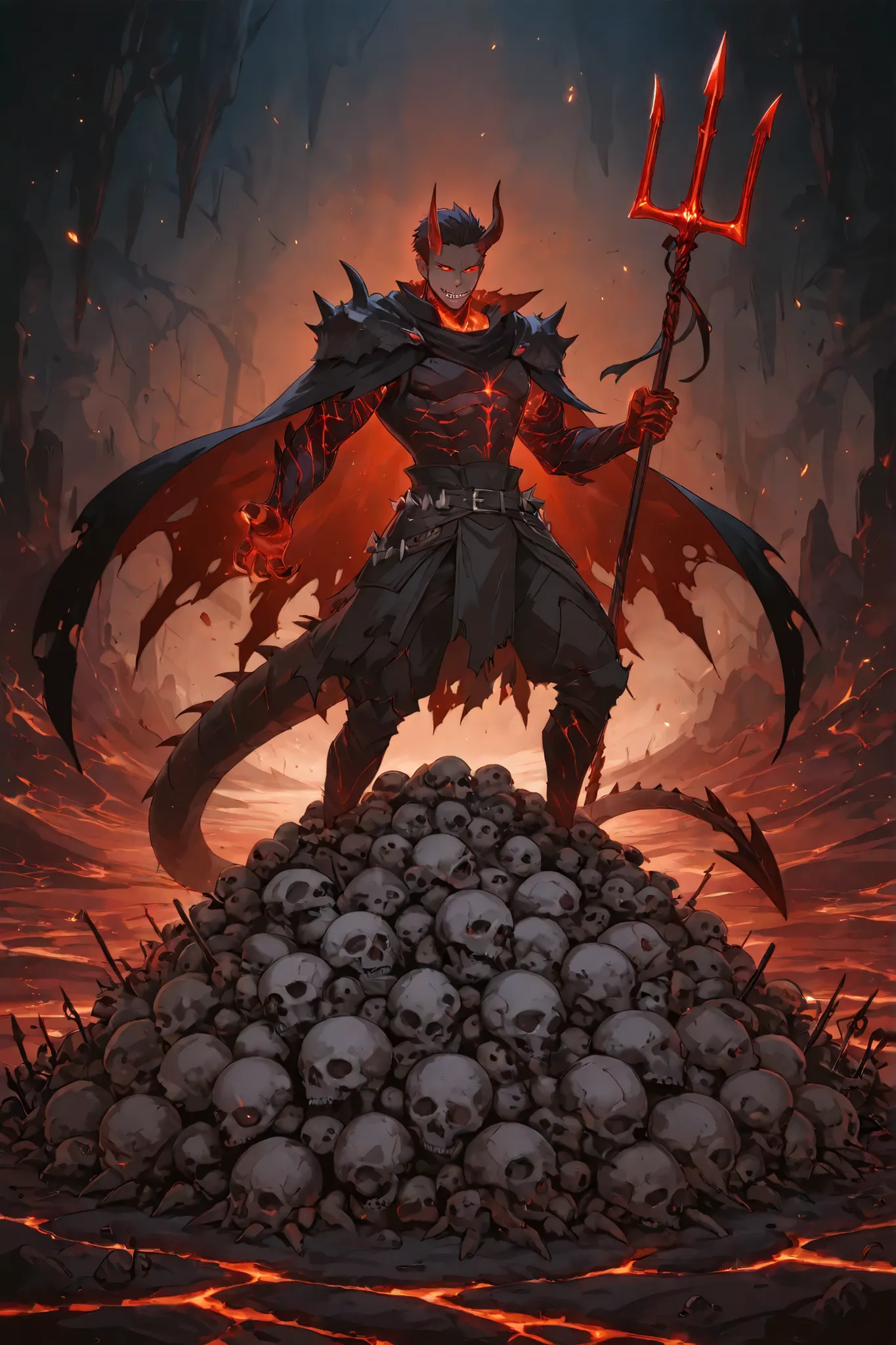 A chibi small mischievous devil In form of girl standing on a pile of skulls, with tiny horns, a spiked tail, and glowing red eyes. He wears a torn cape and holds a miniature trident, grinning mischievously. The background is a smoky underworld with lava c...