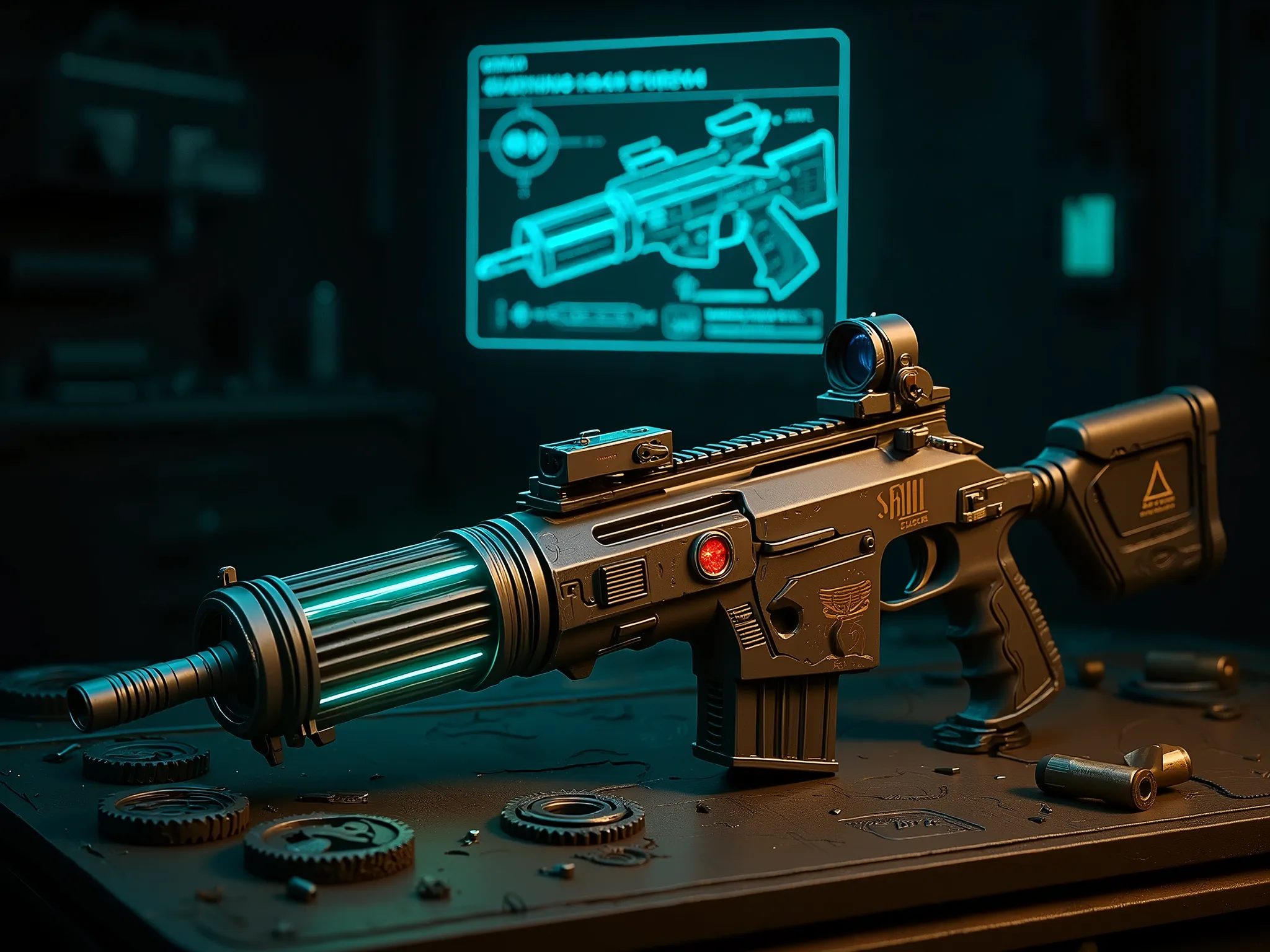 A long hard sci-fi mass driver sniper gun resting on a rugged industrial workbench. It features a reinforced squared barrel with multi-segmented electromagnetic coils, wrapped in micro-grooved graphene heat fins, faint blue glow tracing the coil lines. Com...