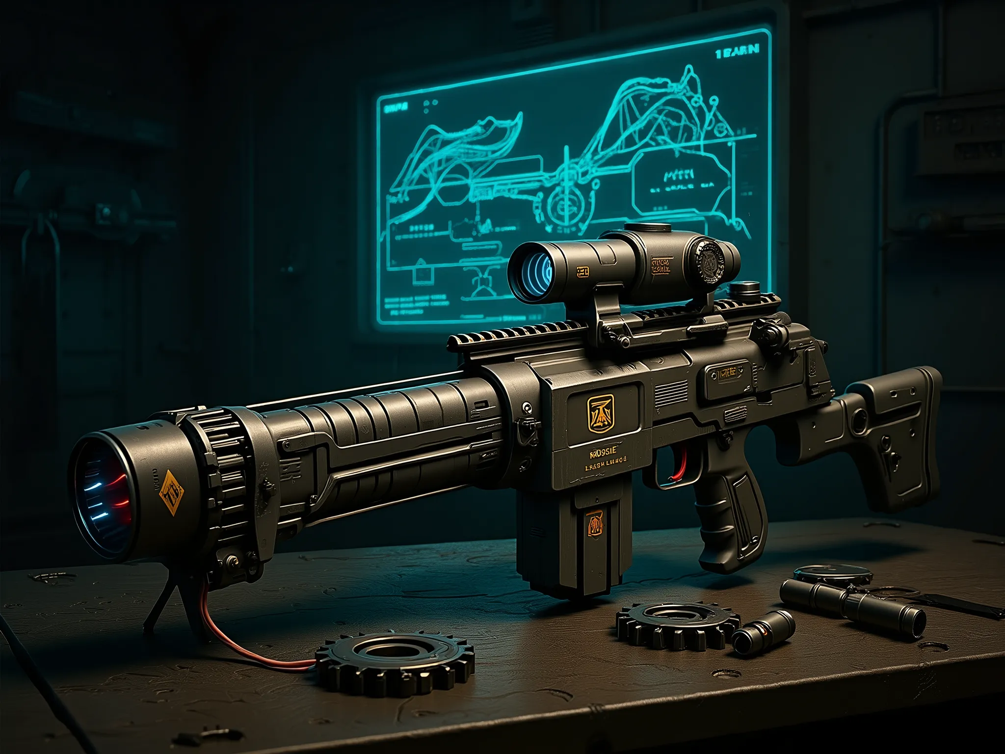 A long hard sci-fi mass driver sniper gun resting on a rugged industrial workbench. It features a reinforced squared barrel with multi-segmented electromagnetic coils, wrapped in micro-grooved graphene heat fins, faint blue glow tracing the coil lines. Com...