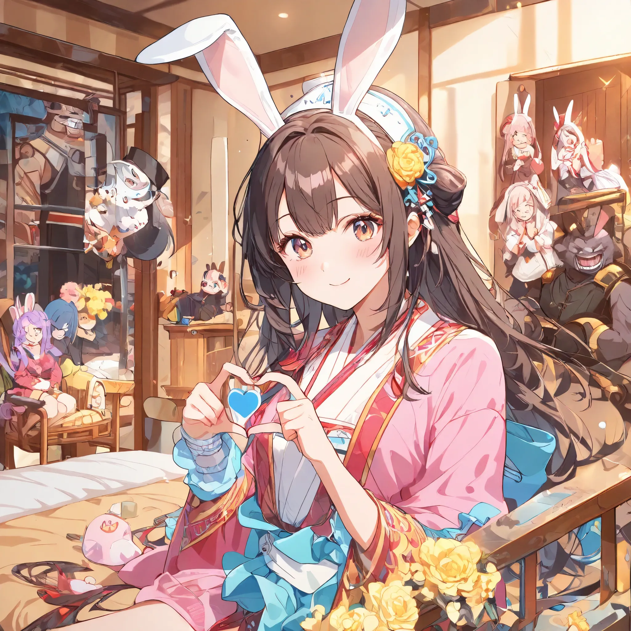 wearing a white hat with rabbit ears, with long, droopy rabbit ears, With rabbit ears, I nodded., I'm wearing a cute hat , Urzan, Wear cybernetic bunny ears,  Ancient Chinese Hanfu , Animal ears, Sakimi-chan, with yellow flowers and big rabbit ears, black ...